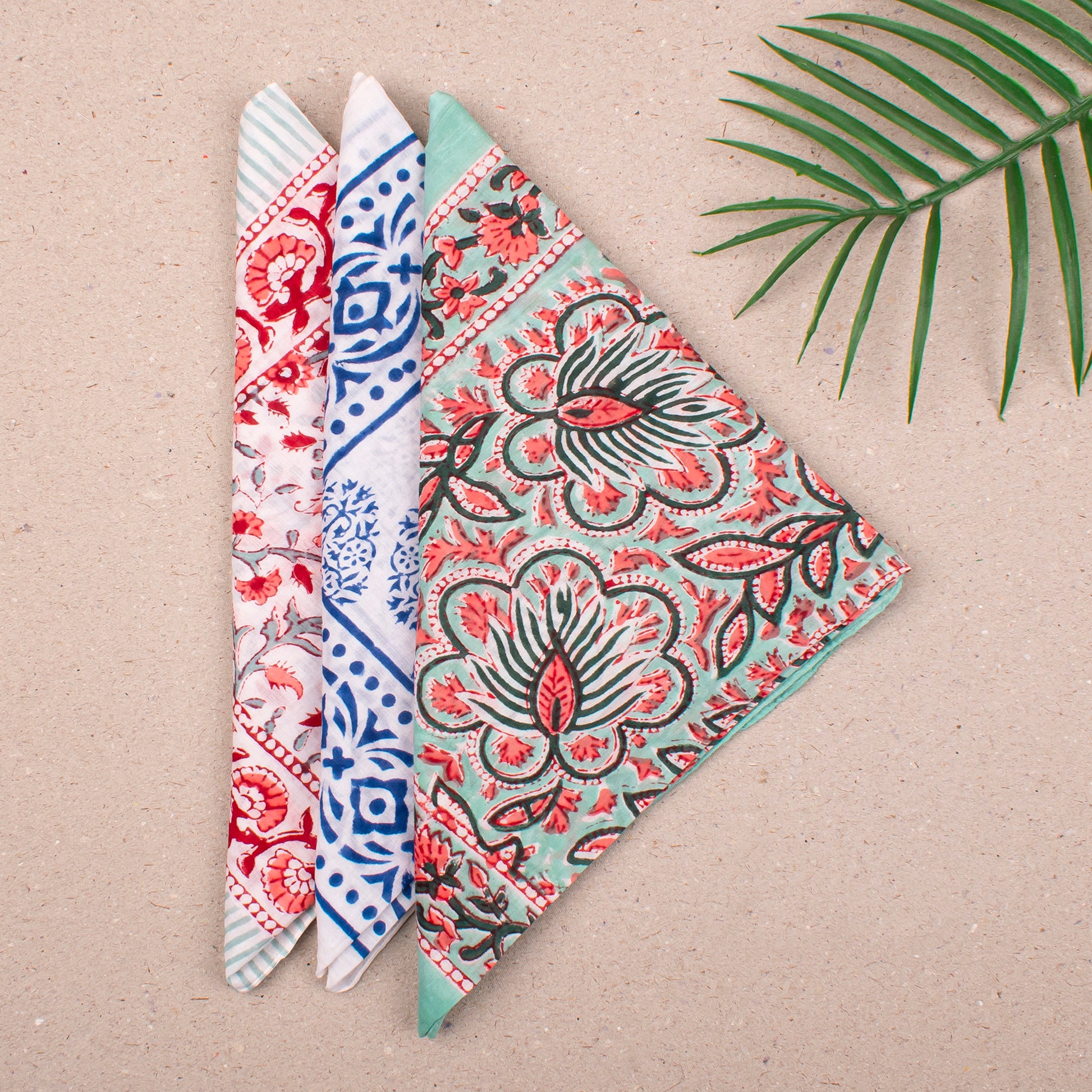 Handmade Boho Bandana Headwrap, Soft Cotton Scarf For Women, Reusable Block Print Neck Tie For Summer, Perfect Gift For Bikers - 3pcs