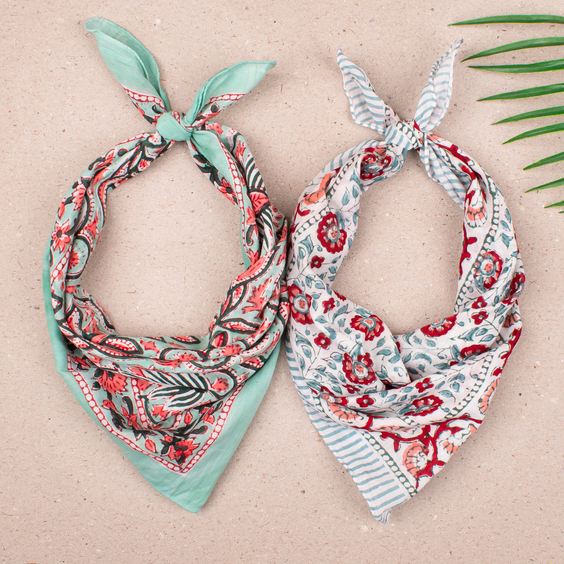 Artistic Boho Bandana Scarf For Her, Hand Block Printed Cotton Wrap For Face, Neck Or Hair, Lightweight Headwrap For Gifting - 2pcs