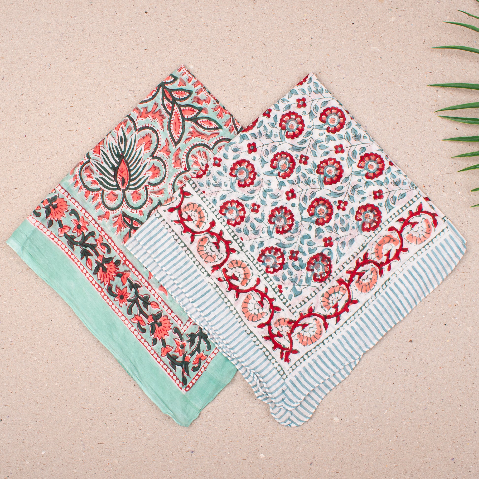 Artistic Boho Bandana Scarf For Her, Hand Block Printed Cotton Wrap For Face, Neck Or Hair, Lightweight Headwrap For Gifting - 2pcs