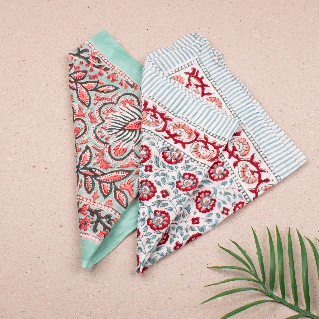 Artistic Boho Bandana Scarf For Her, Hand Block Printed Cotton Wrap For Face, Neck Or Hair, Lightweight Headwrap For Gifting - 2pcs