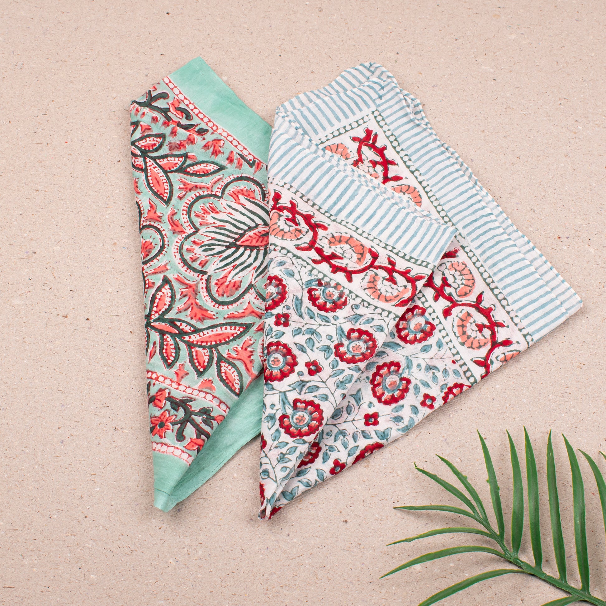 Artistic Boho Bandana Scarf For Her, Hand Block Printed Cotton Wrap For Face, Neck Or Hair, Lightweight Headwrap For Gifting - 2pcs