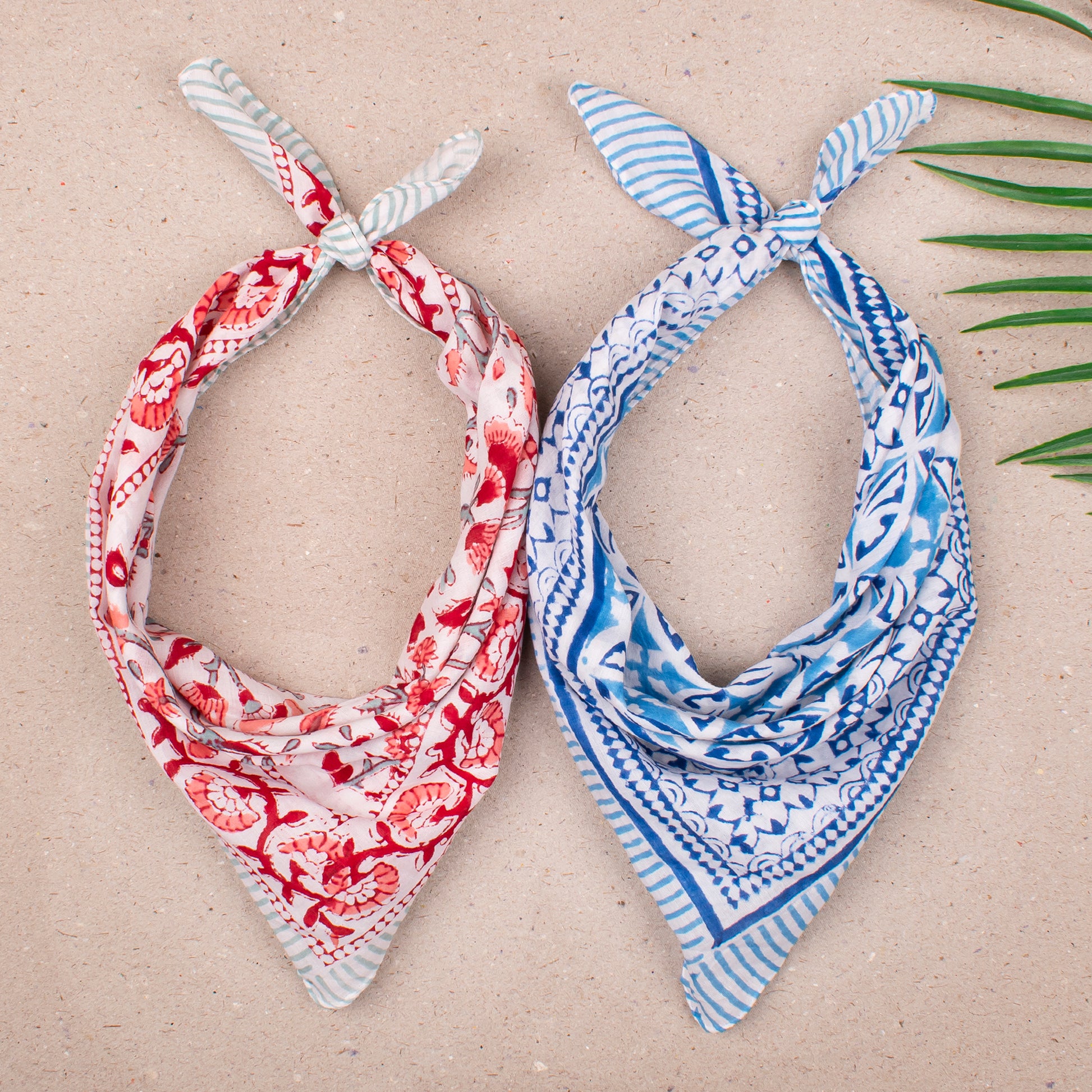 Handcrafted Cotton Bandana, Lightweight Block Printed Wrap For Face Or Neck, Boho Style Headwrap For Bikers & Hiker, Great Gift Idea - 2ps