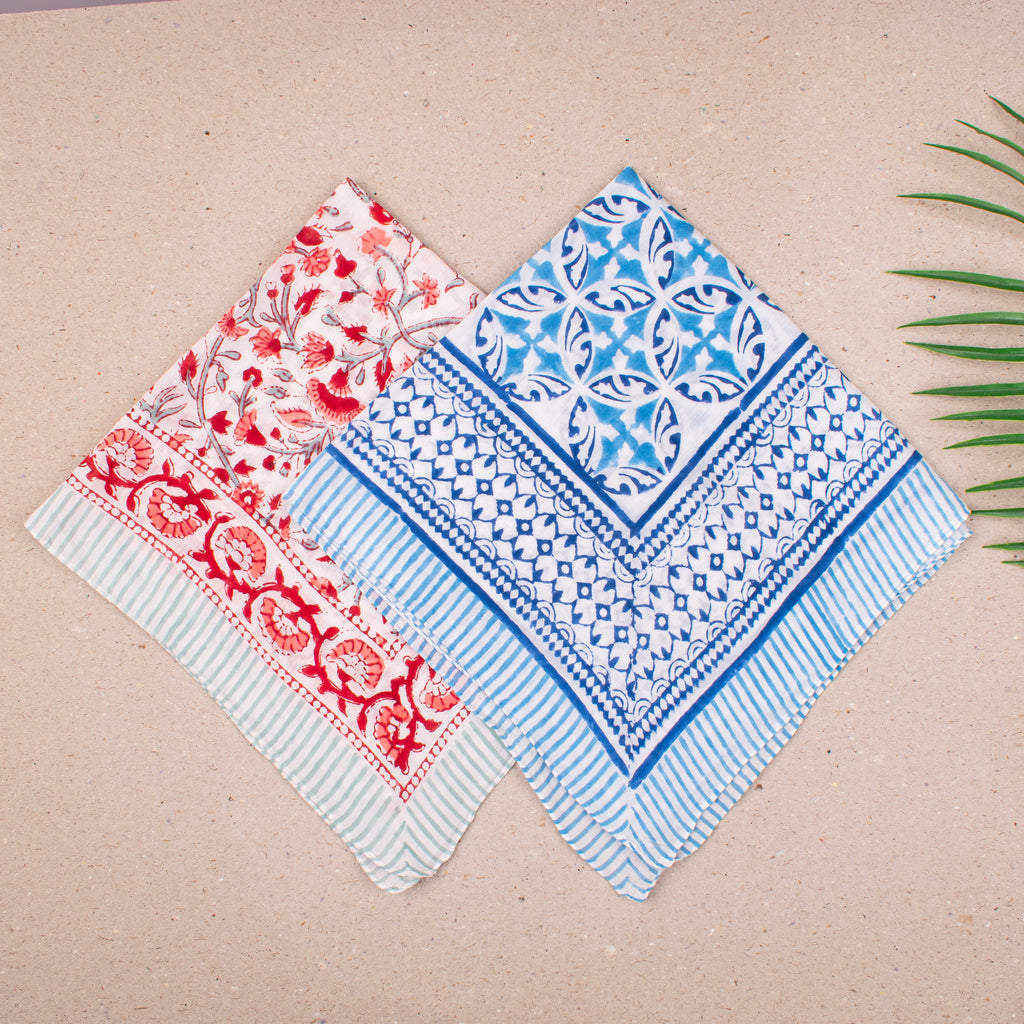 Handcrafted Cotton Bandana, Lightweight Block Printed Wrap For Face Or Neck, Boho Style Headwrap For Bikers & Hiker, Great Gift Idea - 2ps