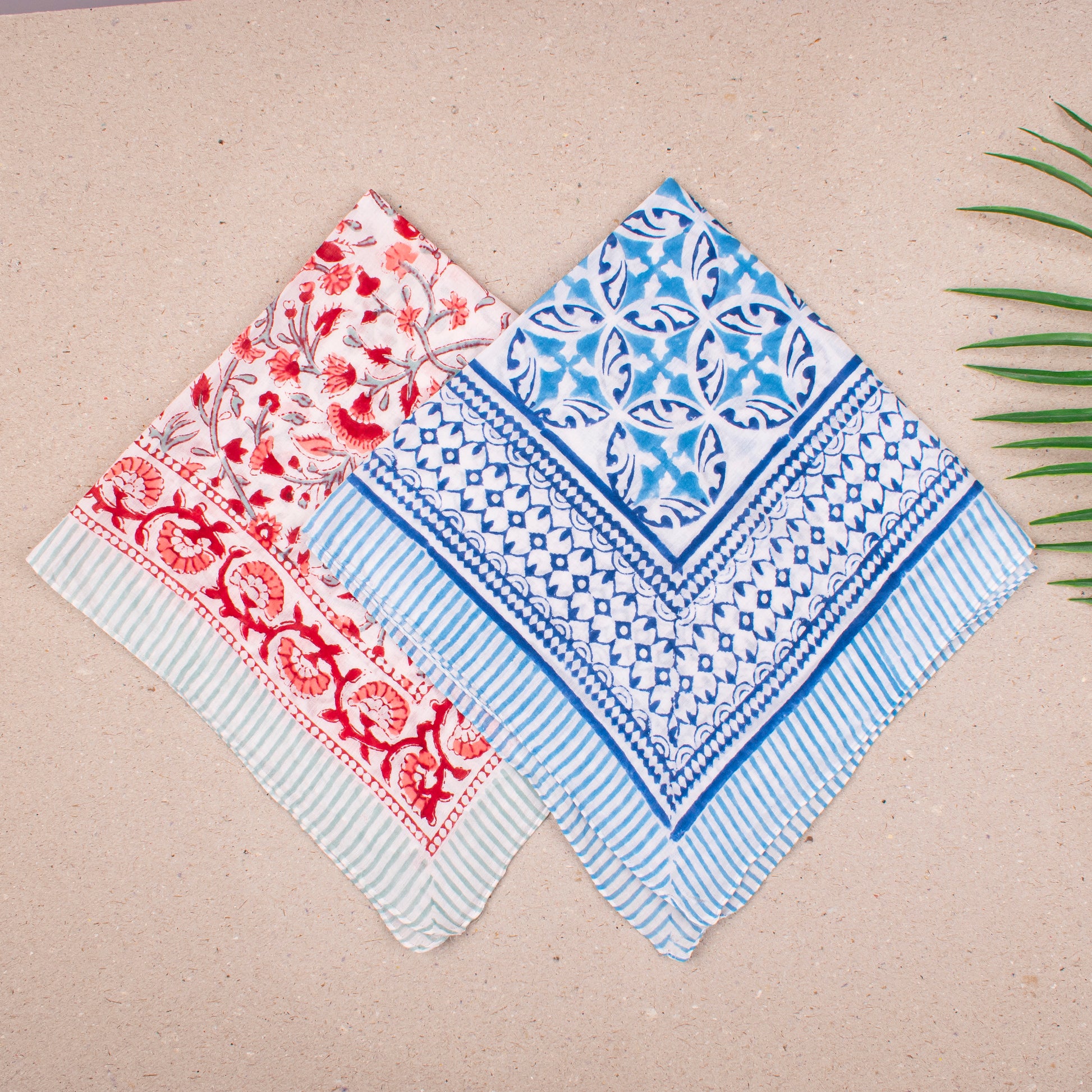 Handcrafted Cotton Bandana, Lightweight Block Printed Wrap For Face Or Neck, Boho Style Headwrap For Bikers & Hiker, Great Gift Idea - 2ps