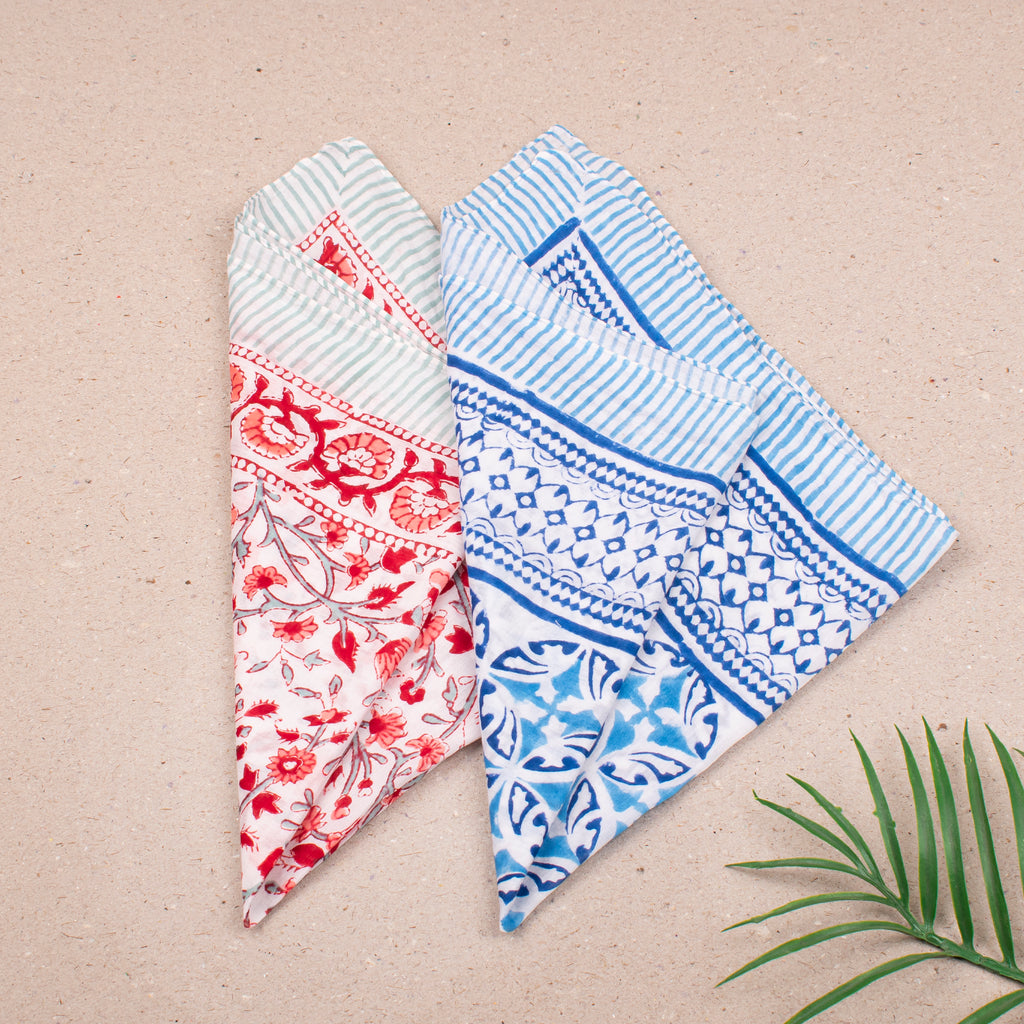 Handcrafted Cotton Bandana, Lightweight Block Printed Wrap For Face Or Neck, Boho Style Headwrap For Bikers & Hiker, Great Gift Idea - 2ps