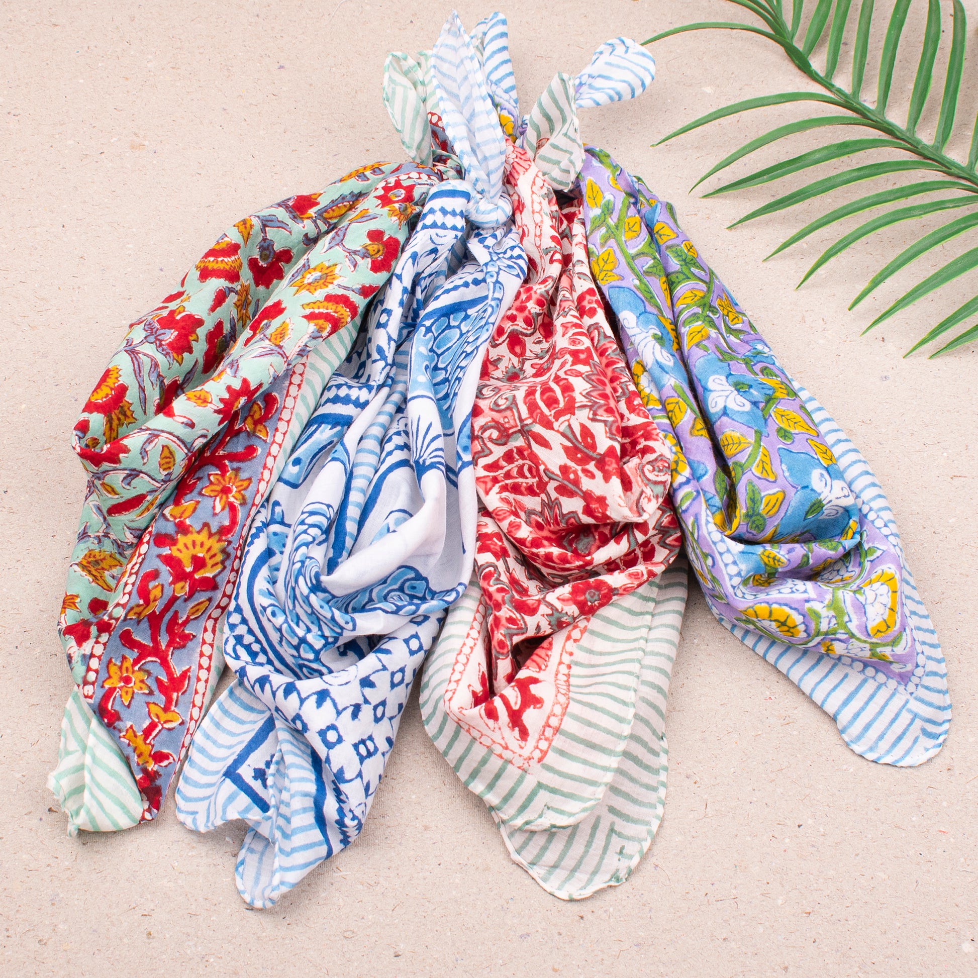 Block Printed Summer Bandana Scarf, Lightweight Cotton Wrap For Head, Face Or Neck, Boho Floral Printed Reusable Accessory For Her - 4pcs