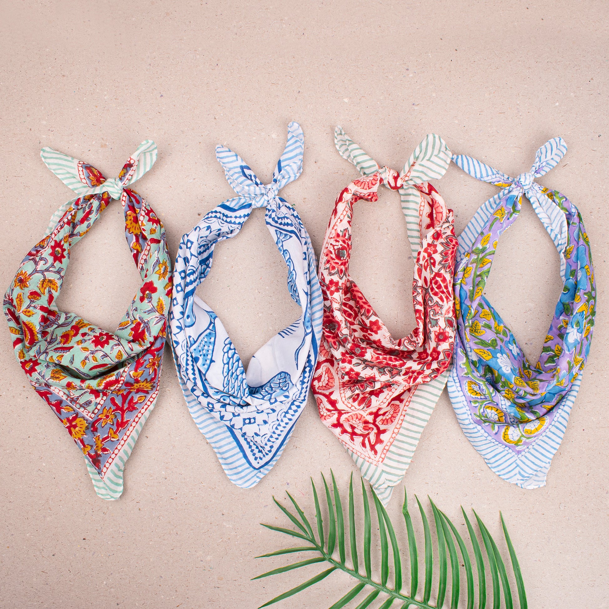 Block Printed Summer Bandana Scarf, Lightweight Cotton Wrap For Head, Face Or Neck, Boho Floral Printed Reusable Accessory For Her - 4pcs