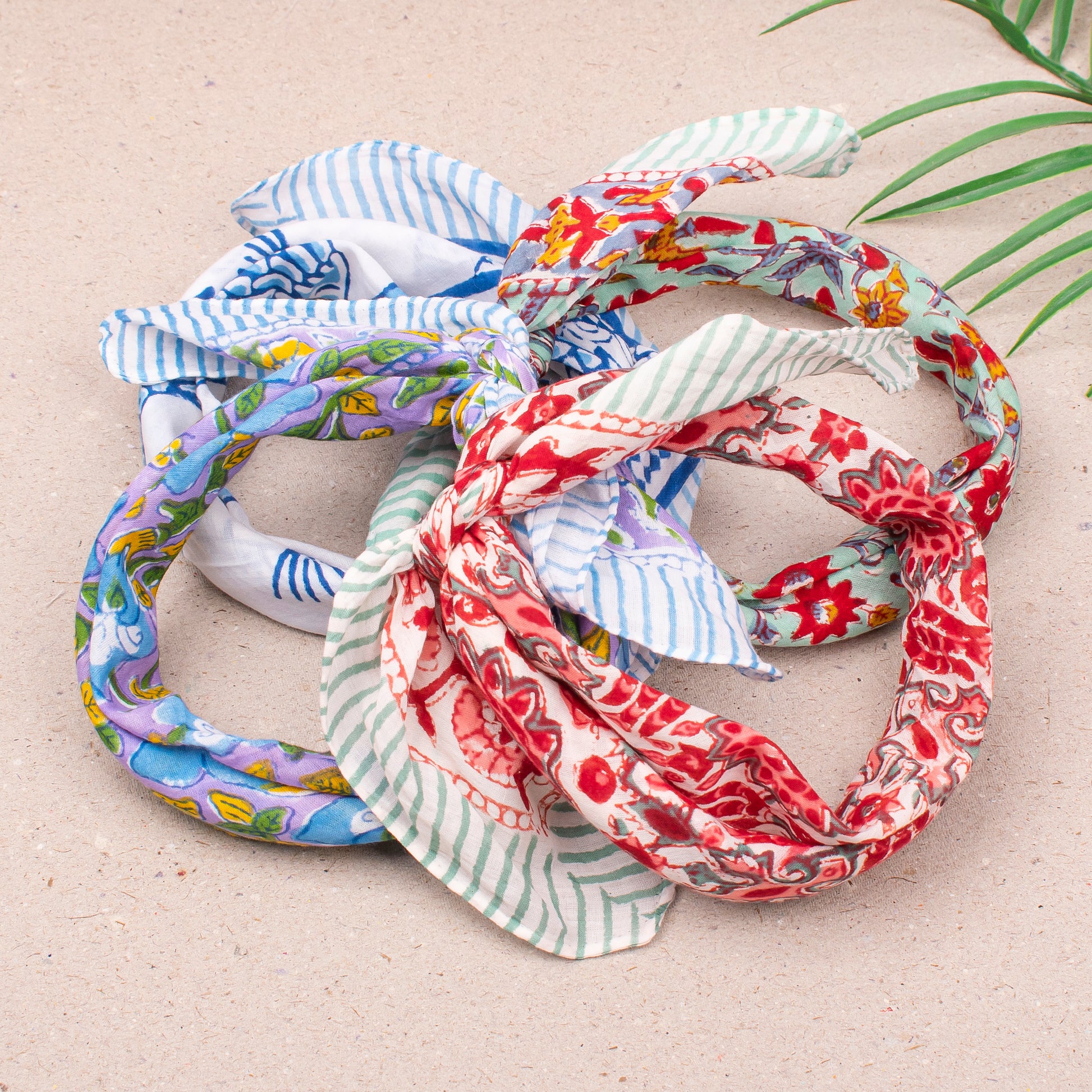 Block Printed Summer Bandana Scarf, Lightweight Cotton Wrap For Head, Face Or Neck, Boho Floral Printed Reusable Accessory For Her - 4pcs
