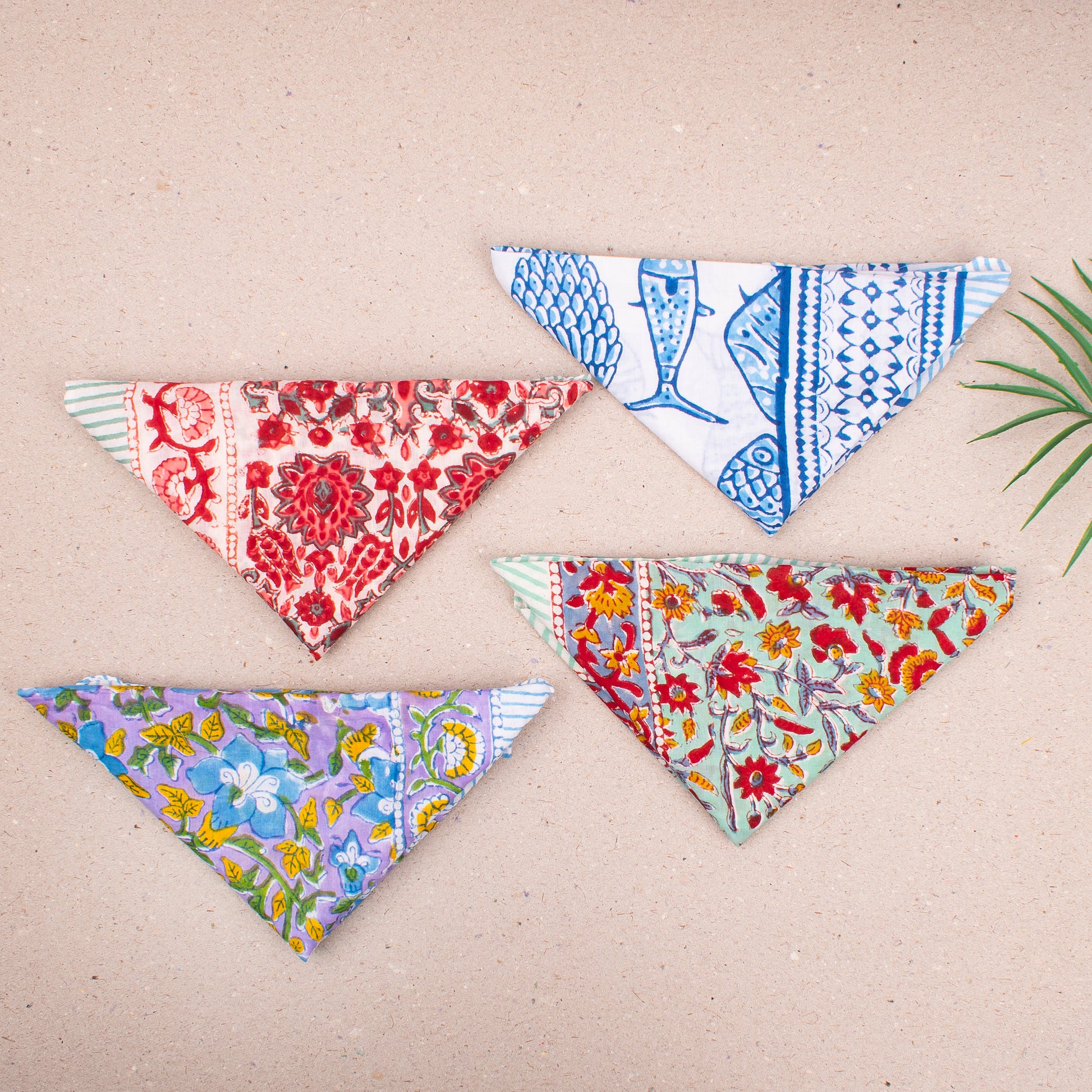 Block Printed Summer Bandana Scarf, Lightweight Cotton Wrap For Head, Face Or Neck, Boho Floral Printed Reusable Accessory For Her - 4pcs