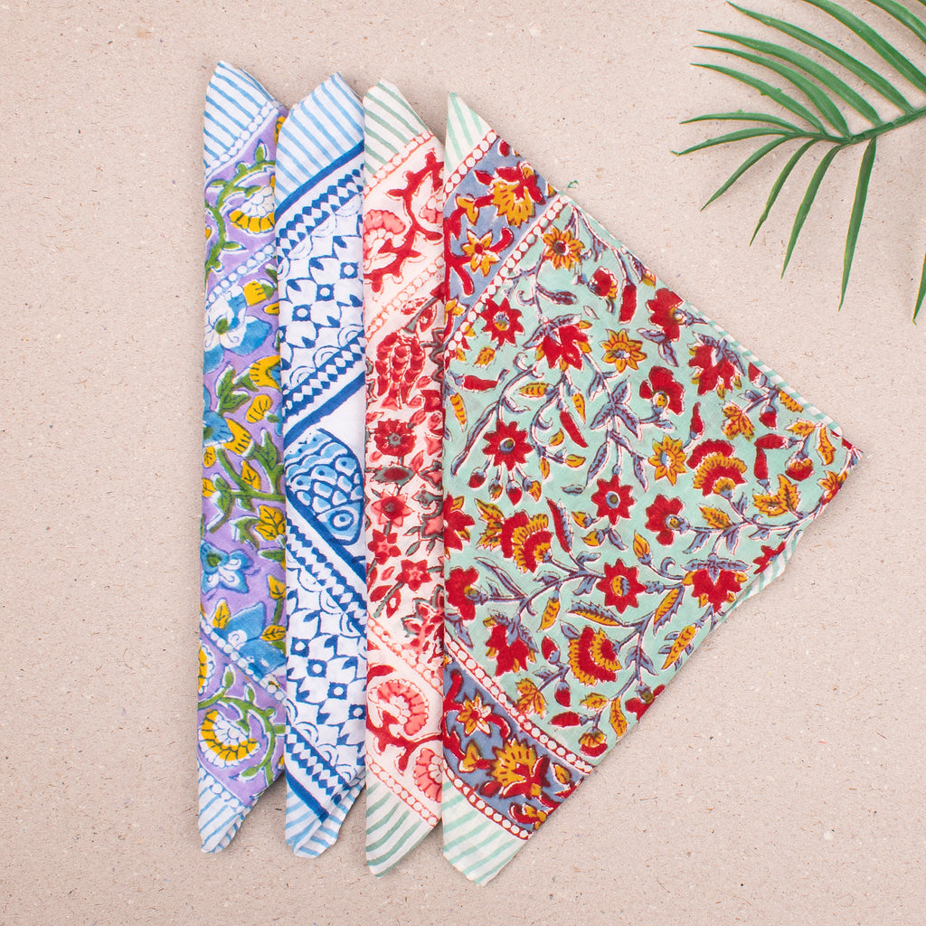 Block Printed Summer Bandana Scarf, Lightweight Cotton Wrap For Head, Face Or Neck, Boho Floral Printed Reusable Accessory For Her - 4pcs