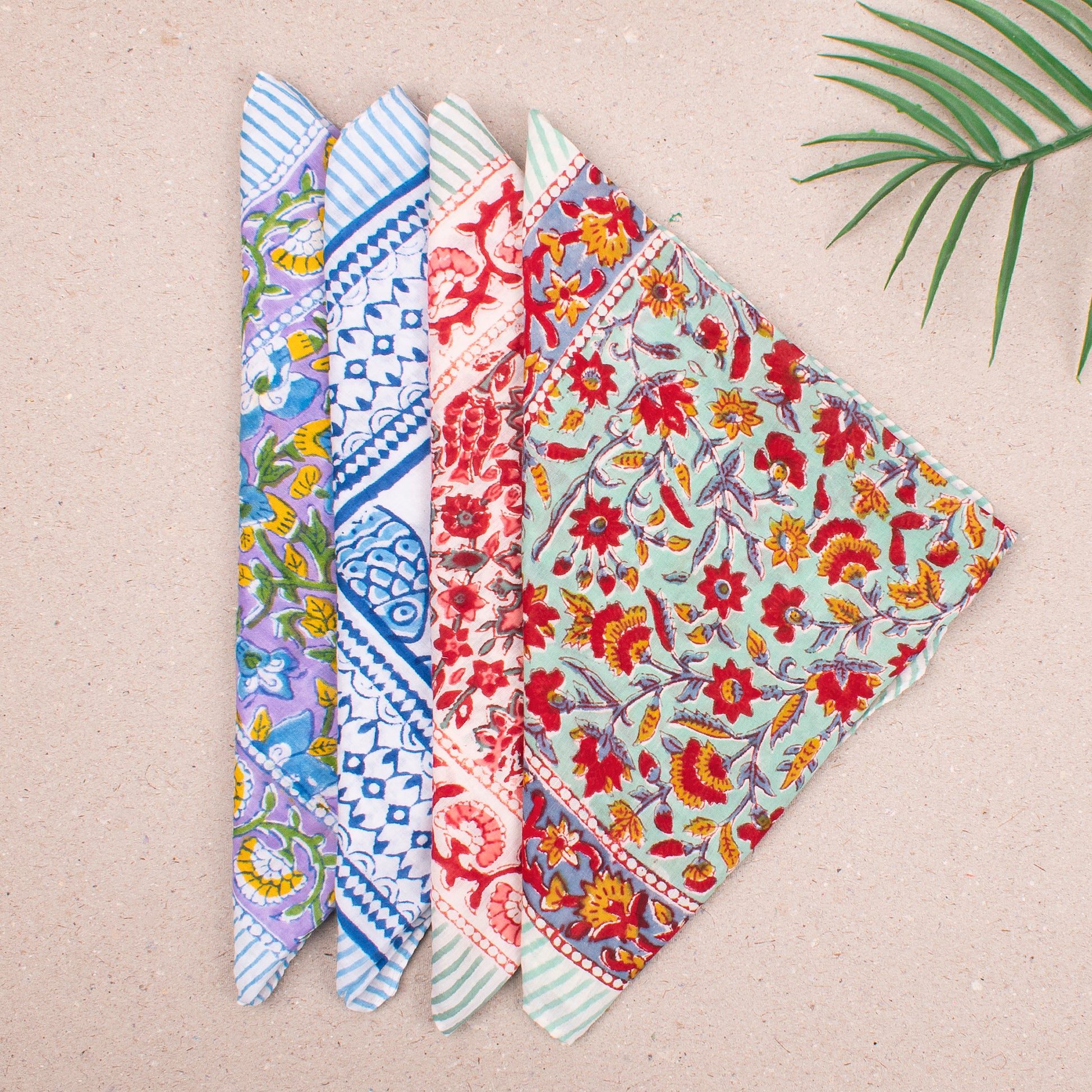 Block Printed Summer Bandana Scarf, Lightweight Cotton Wrap For Head, Face Or Neck, Boho Floral Printed Reusable Accessory For Her - 4pcs