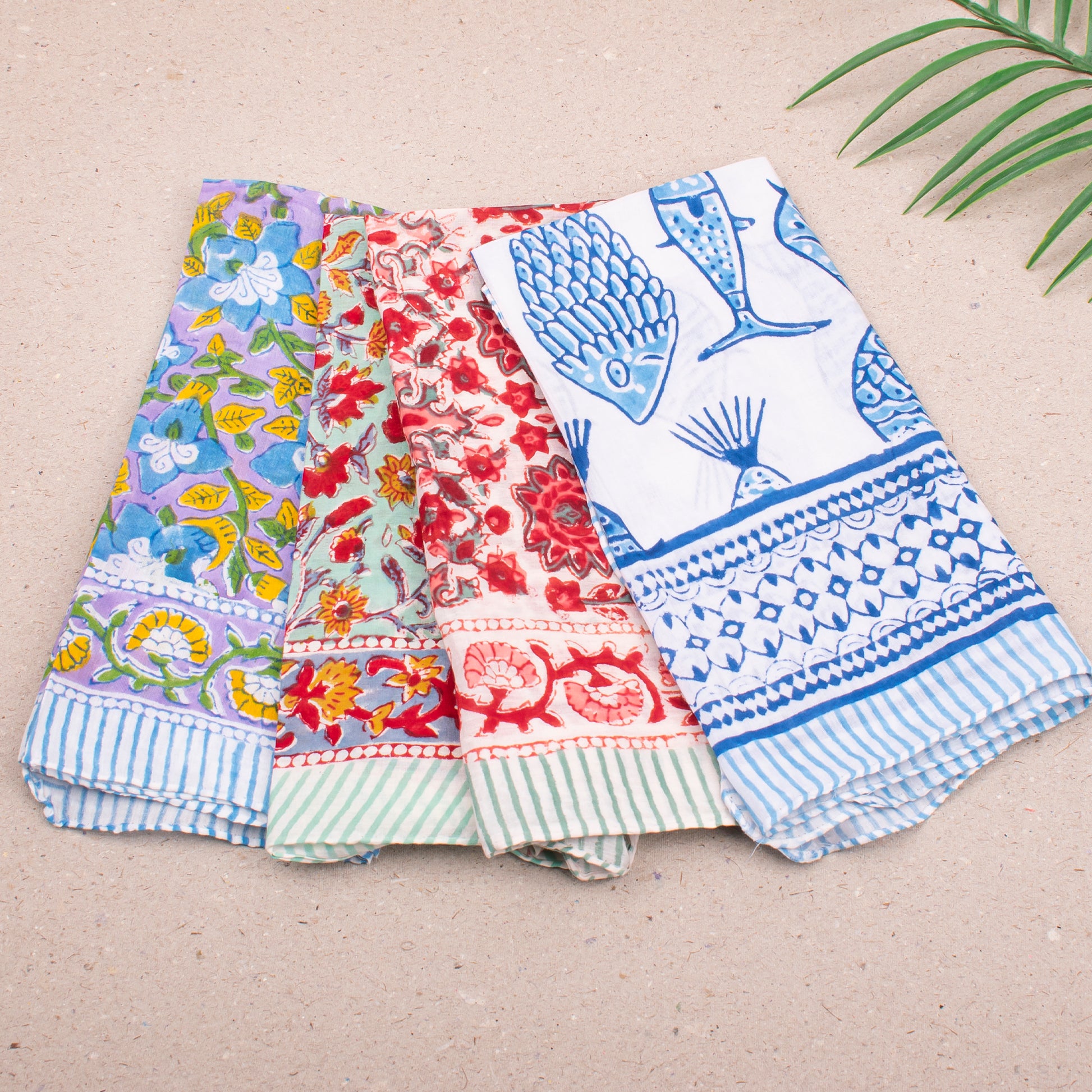 Block Printed Summer Bandana Scarf, Lightweight Cotton Wrap For Head, Face Or Neck, Boho Floral Printed Reusable Accessory For Her - 4pcs