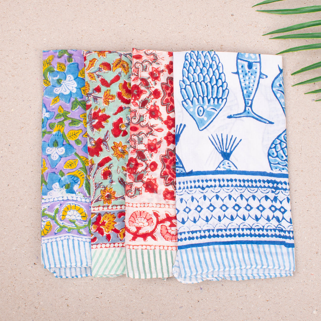 Block Printed Summer Bandana Scarf, Lightweight Cotton Wrap For Head, Face Or Neck, Boho Floral Printed Reusable Accessory For Her - 4pcs