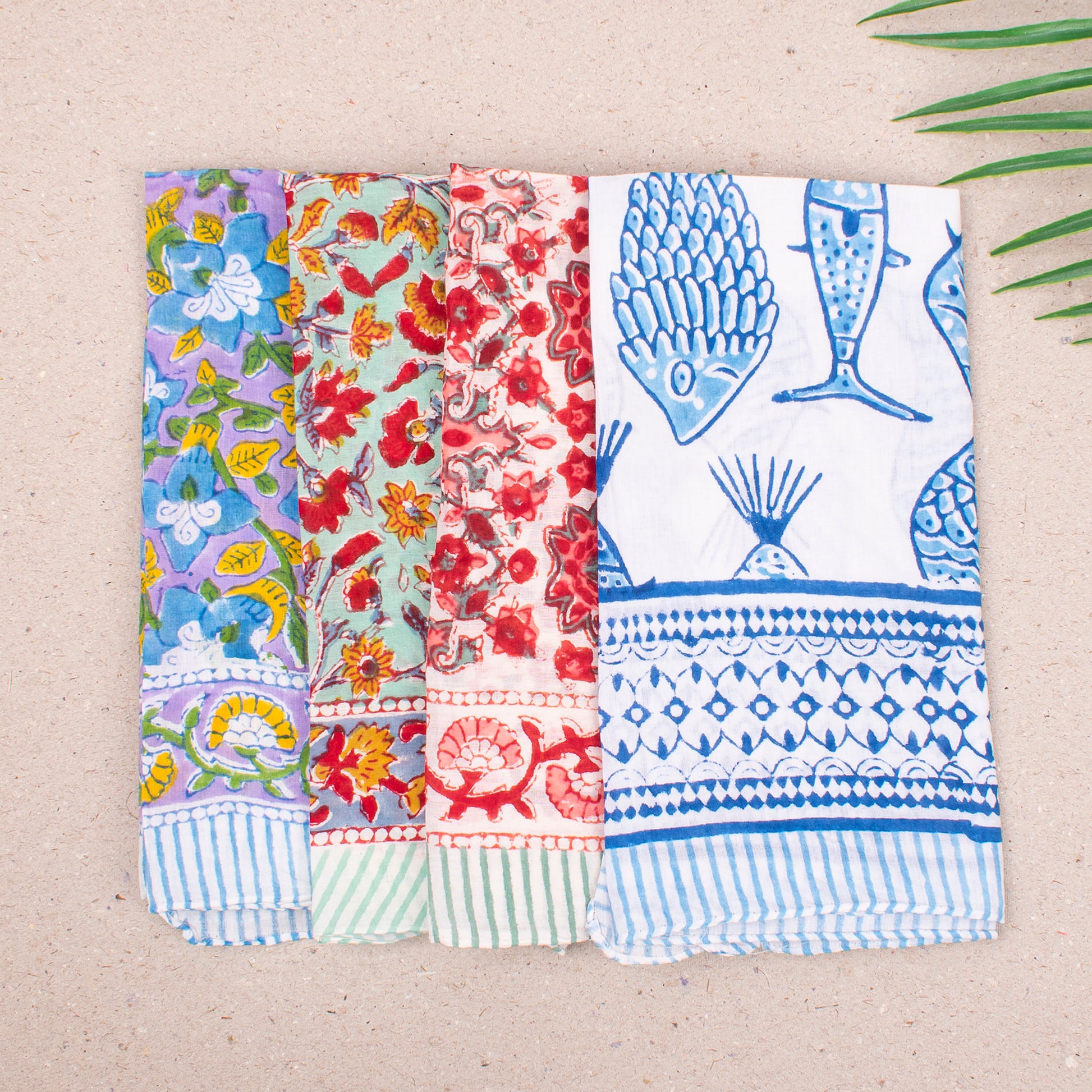 Block Printed Summer Bandana Scarf, Lightweight Cotton Wrap For Head, Face Or Neck, Boho Floral Printed Reusable Accessory For Her - 4pcs
