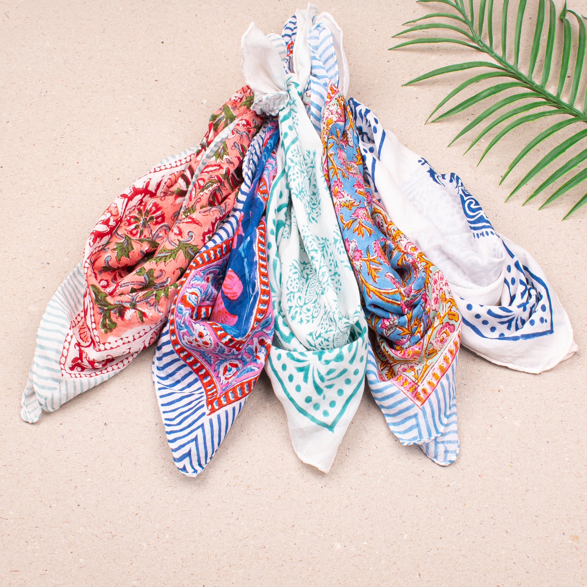 Soft Lightweight Cotton Bandana For Boho Looks, Reusable Block Print Headwrap, Handmade Scarf For Hair Or Neck, Block Printed Gift - 5pcs