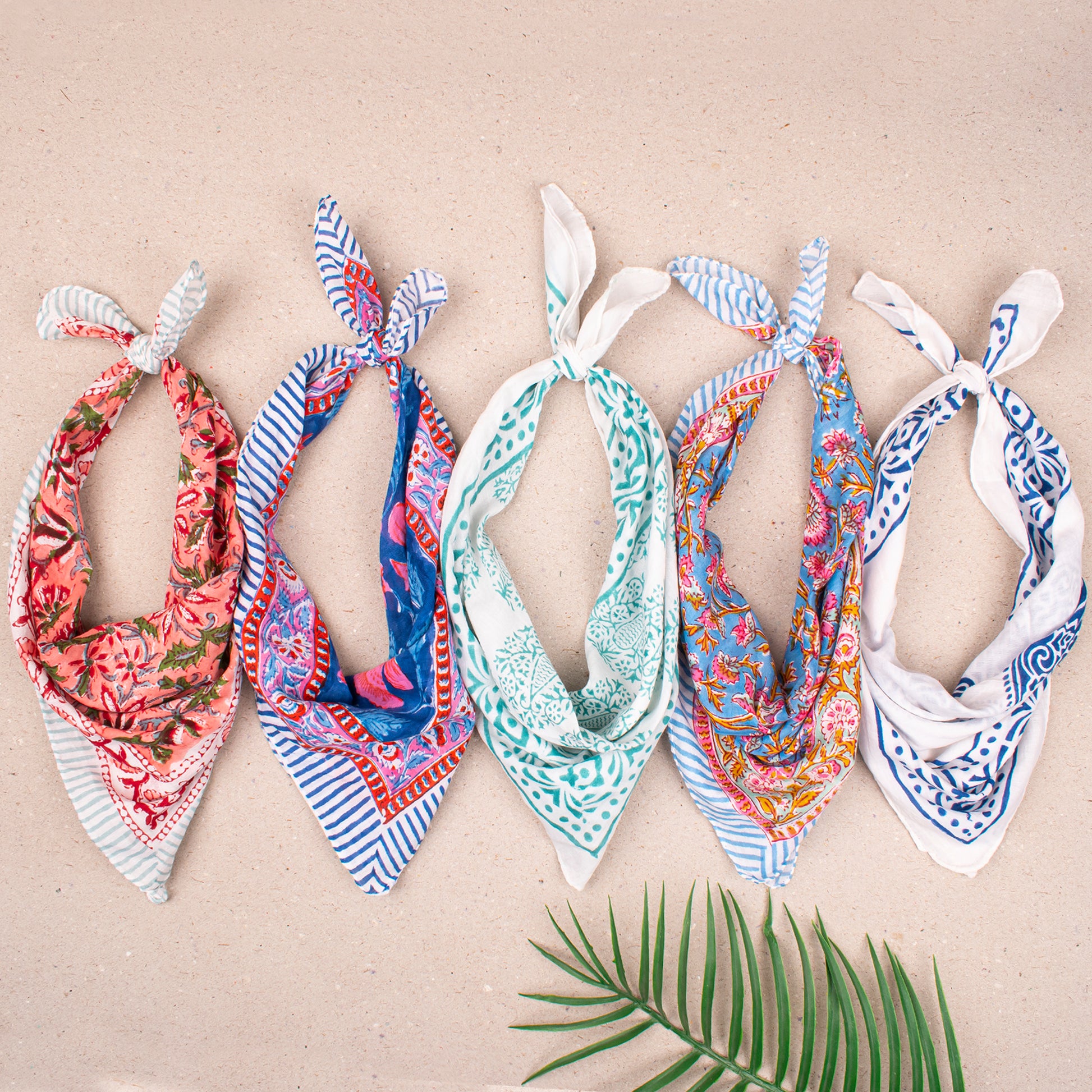 Soft Lightweight Cotton Bandana For Boho Looks, Reusable Block Print Headwrap, Handmade Scarf For Hair Or Neck, Block Printed Gift - 5pcs