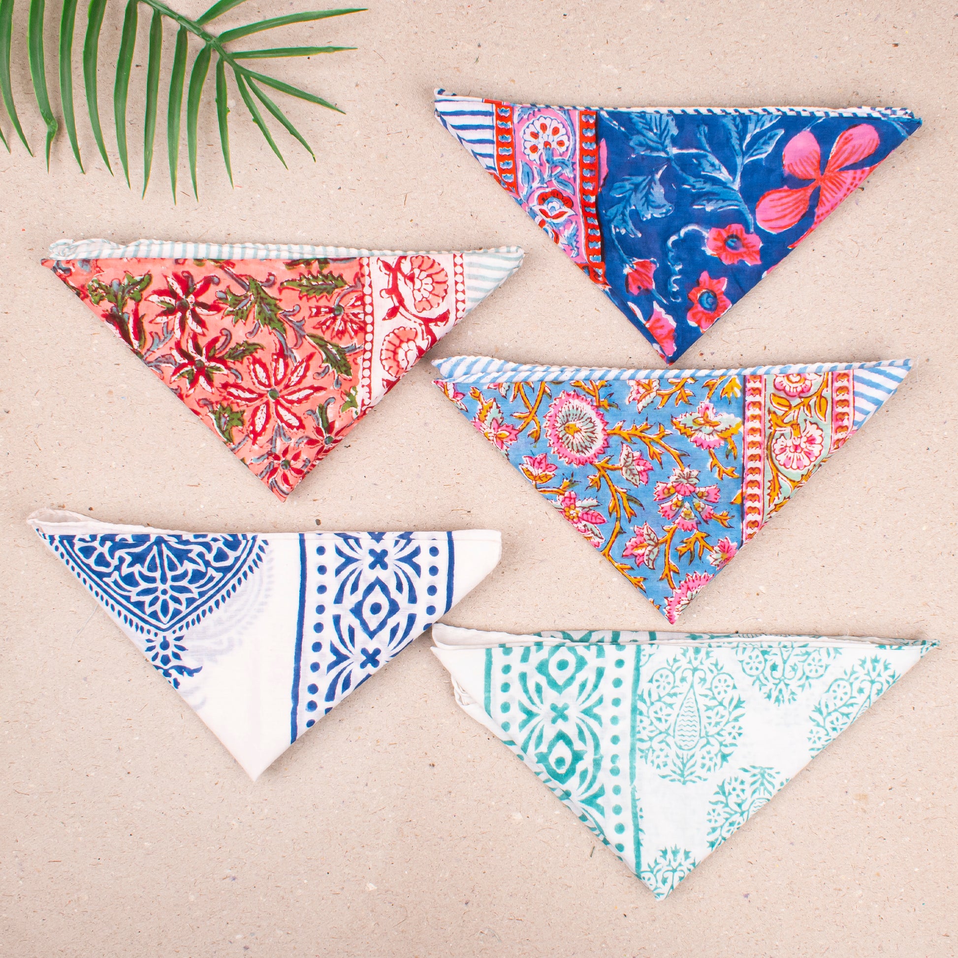 Soft Lightweight Cotton Bandana For Boho Looks, Reusable Block Print Headwrap, Handmade Scarf For Hair Or Neck, Block Printed Gift - 5pcs