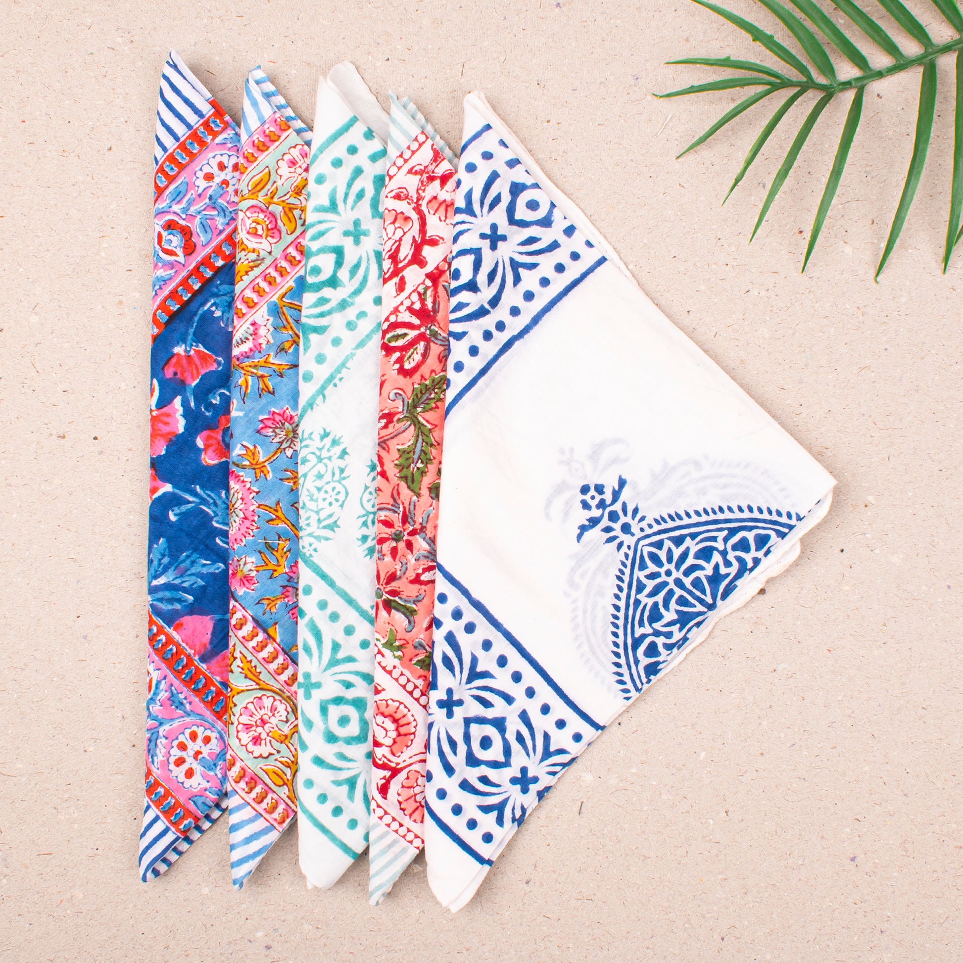 Soft Lightweight Cotton Bandana For Boho Looks, Reusable Block Print Headwrap, Handmade Scarf For Hair Or Neck, Block Printed Gift - 5pcs