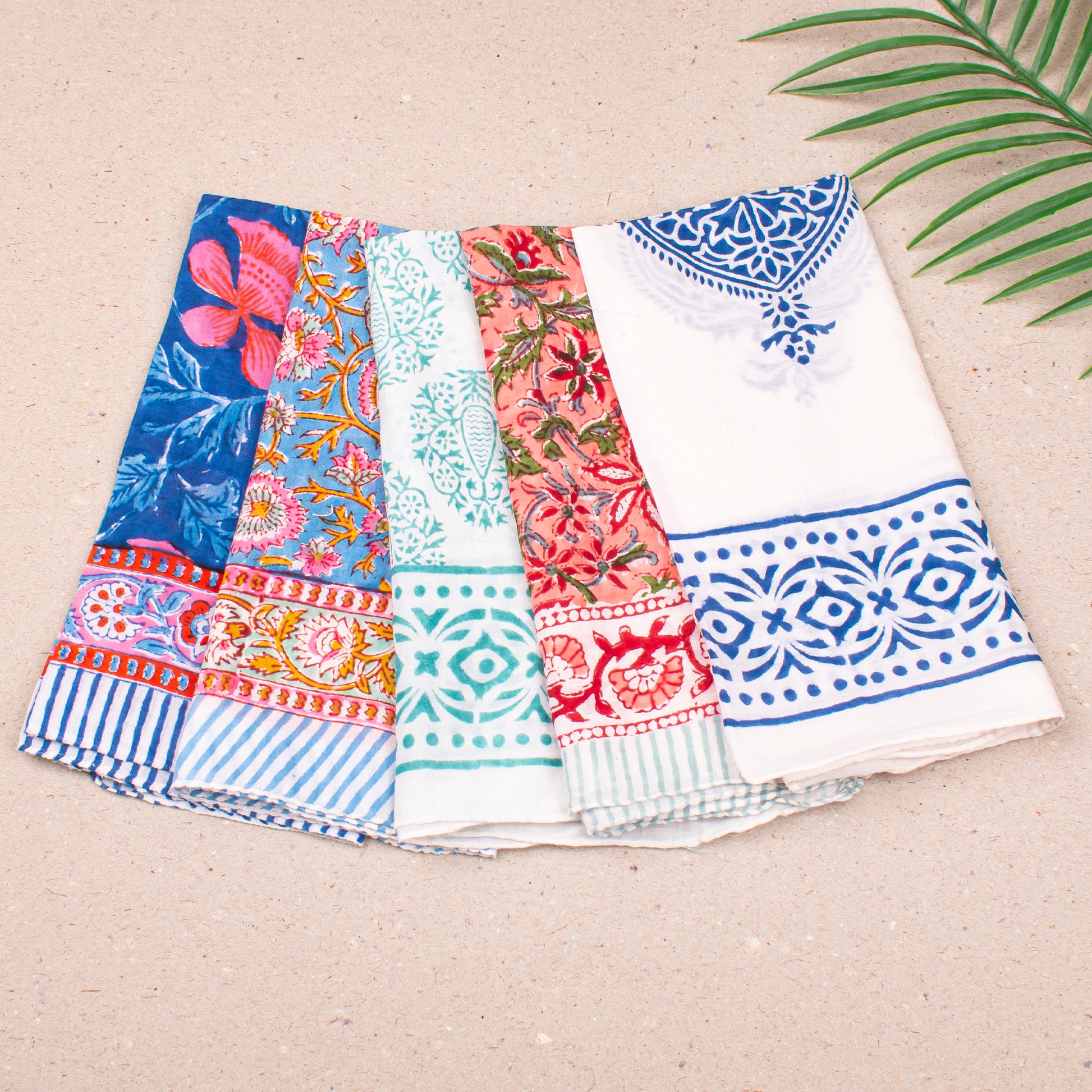 Soft Lightweight Cotton Bandana For Boho Looks, Reusable Block Print Headwrap, Handmade Scarf For Hair Or Neck, Block Printed Gift - 5pcs