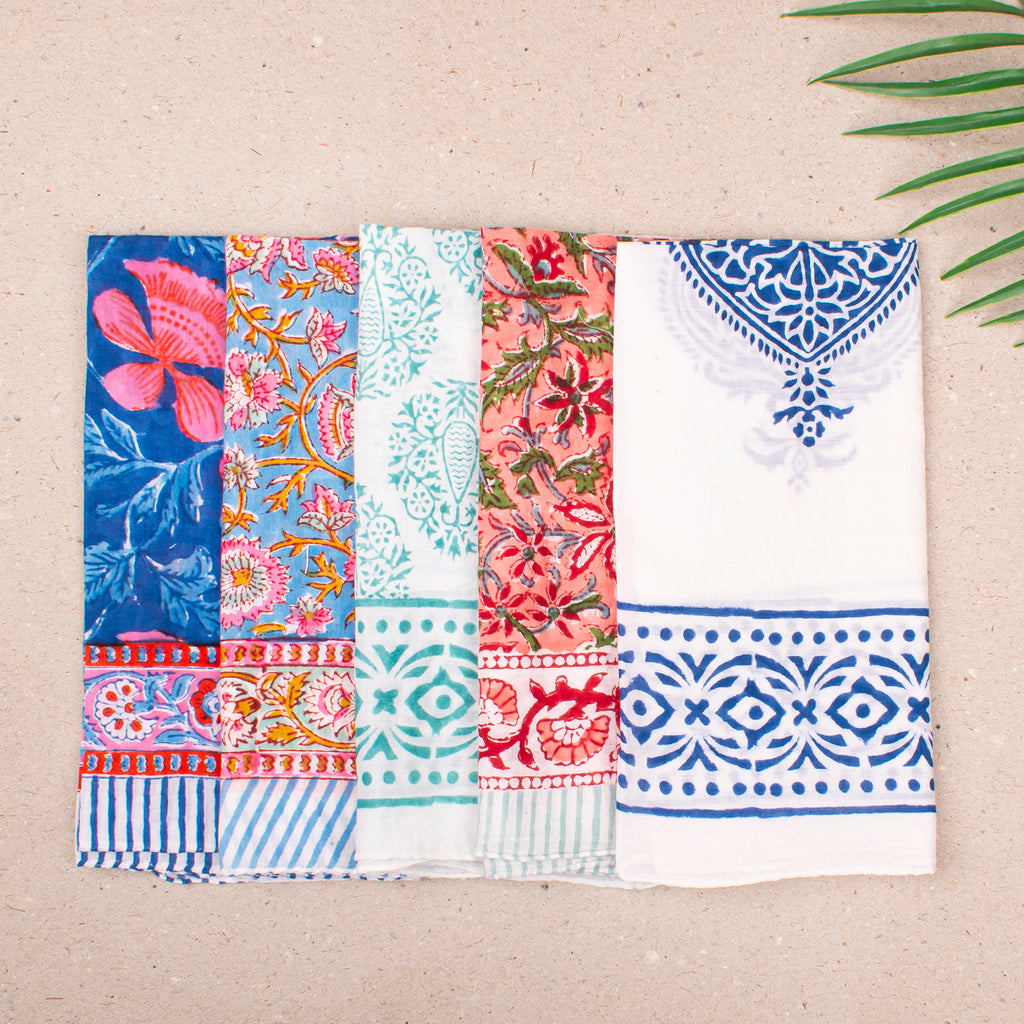 Soft Lightweight Cotton Bandana For Boho Looks, Reusable Block Print Headwrap, Handmade Scarf For Hair Or Neck, Block Printed Gift - 5pcs