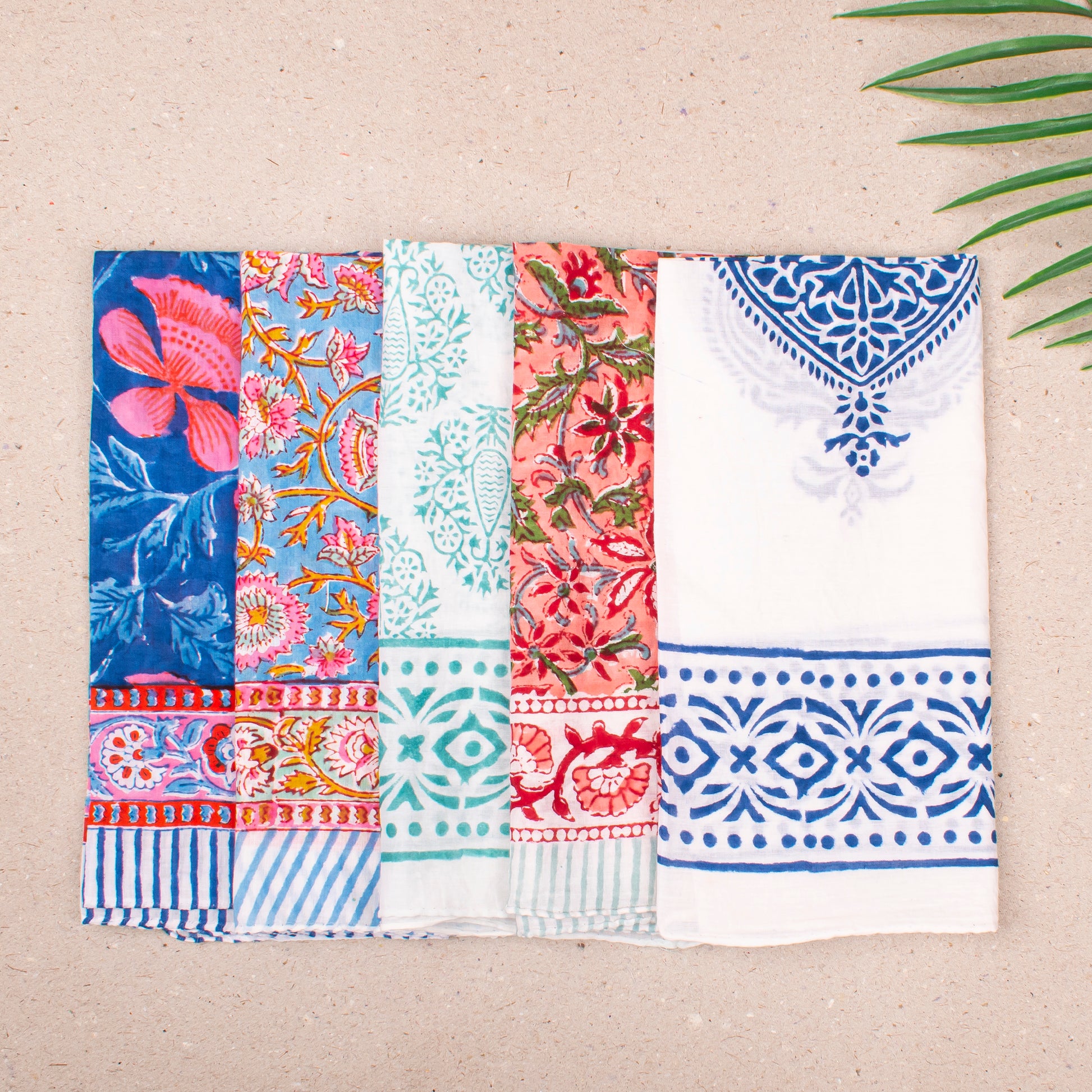 Soft Lightweight Cotton Bandana For Boho Looks, Reusable Block Print Headwrap, Handmade Scarf For Hair Or Neck, Block Printed Gift - 5pcs