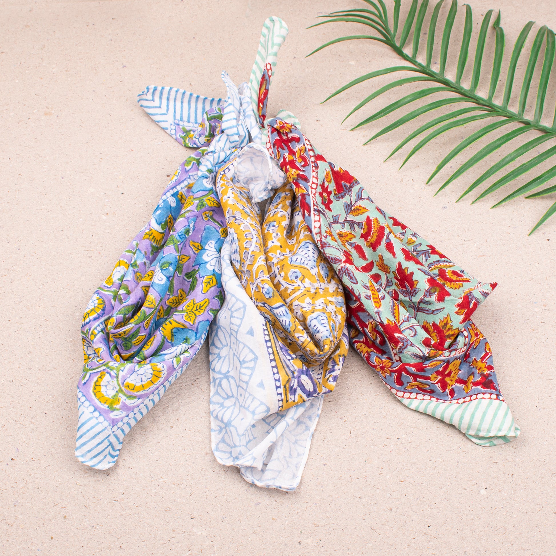 Lightweight Handmade Cotton Bandana, Reusable Boho Headwrap Scarf, Block Printed Summer Style For Hair, Neck Or Face, Perfect Gift Idea - 3pcs