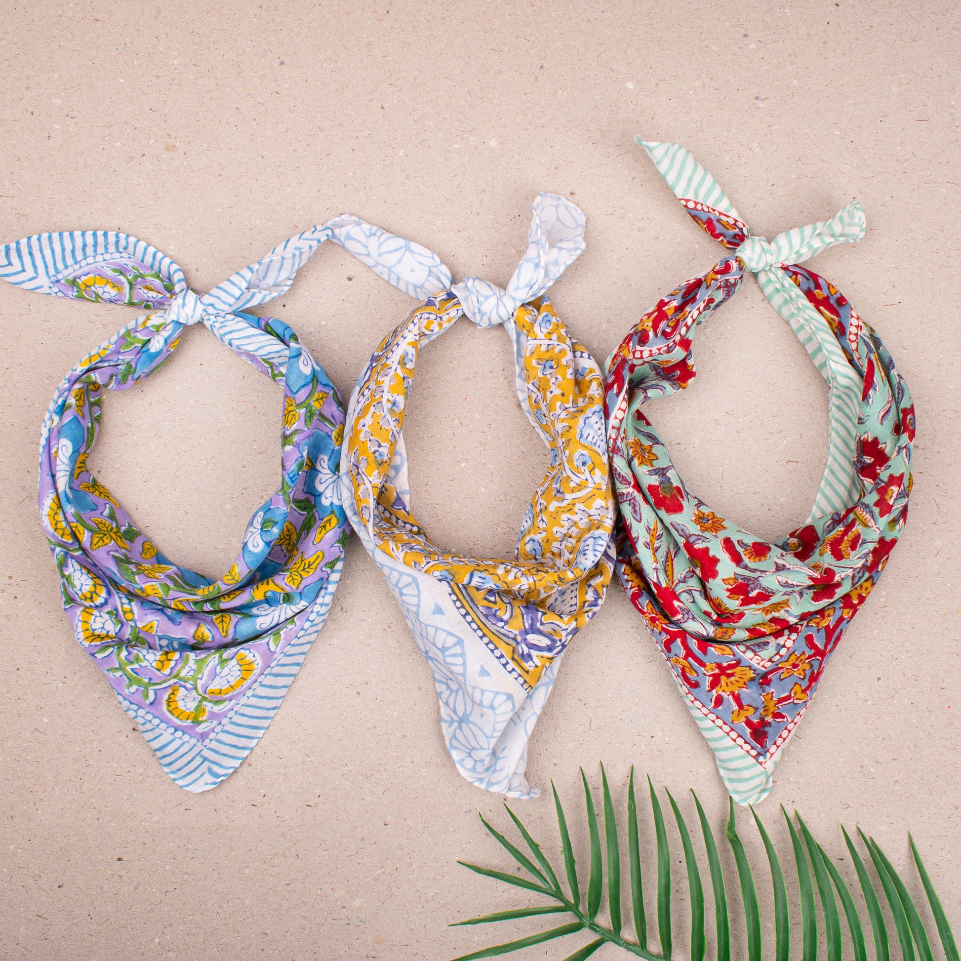 Lightweight Handmade Cotton Bandana, Reusable Boho Headwrap Scarf, Block Printed Summer Style For Hair, Neck Or Face, Perfect Gift Idea - 3pcs