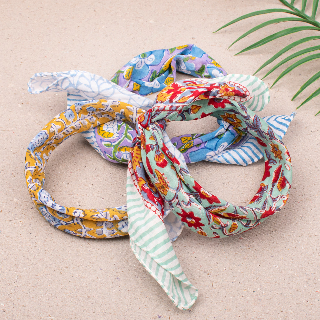 Lightweight Handmade Cotton Bandana, Reusable Boho Headwrap Scarf, Block Printed Summer Style For Hair, Neck Or Face, Perfect Gift Idea - 3pcs