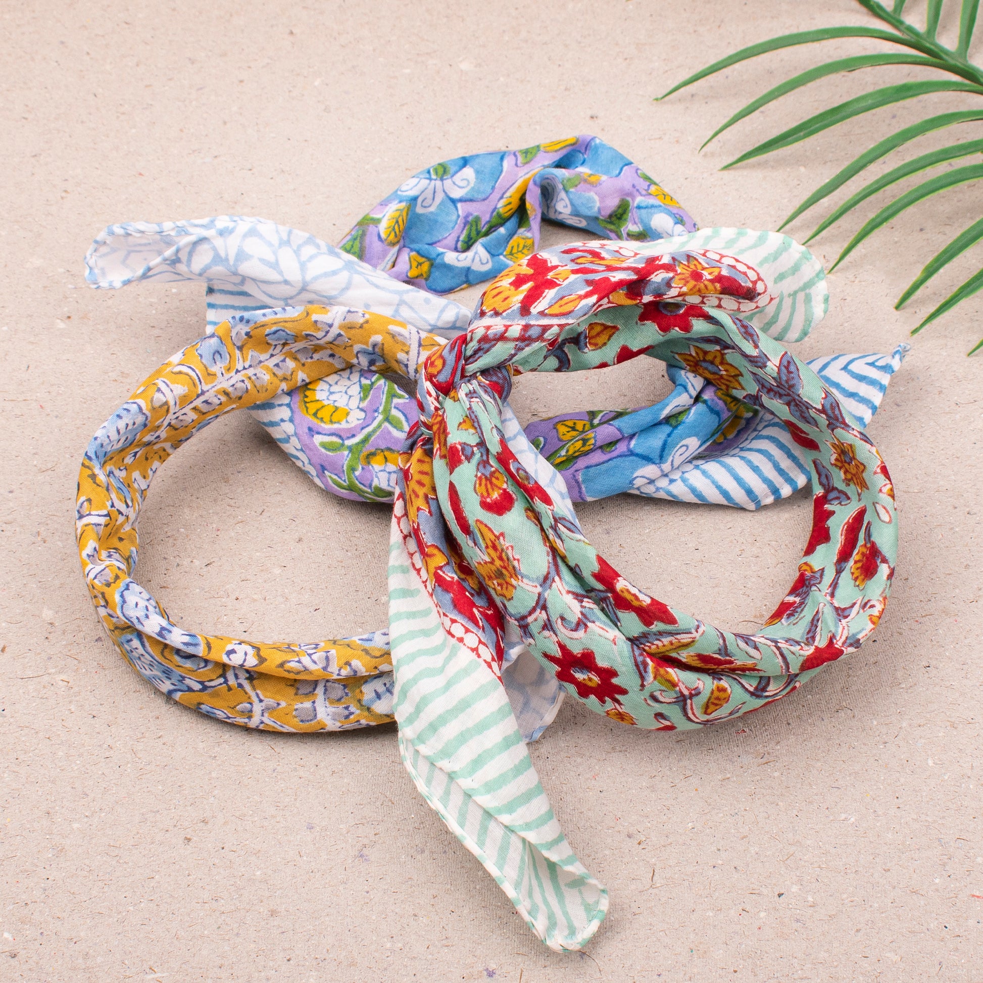 Lightweight Handmade Cotton Bandana, Reusable Boho Headwrap Scarf, Block Printed Summer Style For Hair, Neck Or Face, Perfect Gift Idea - 3pcs