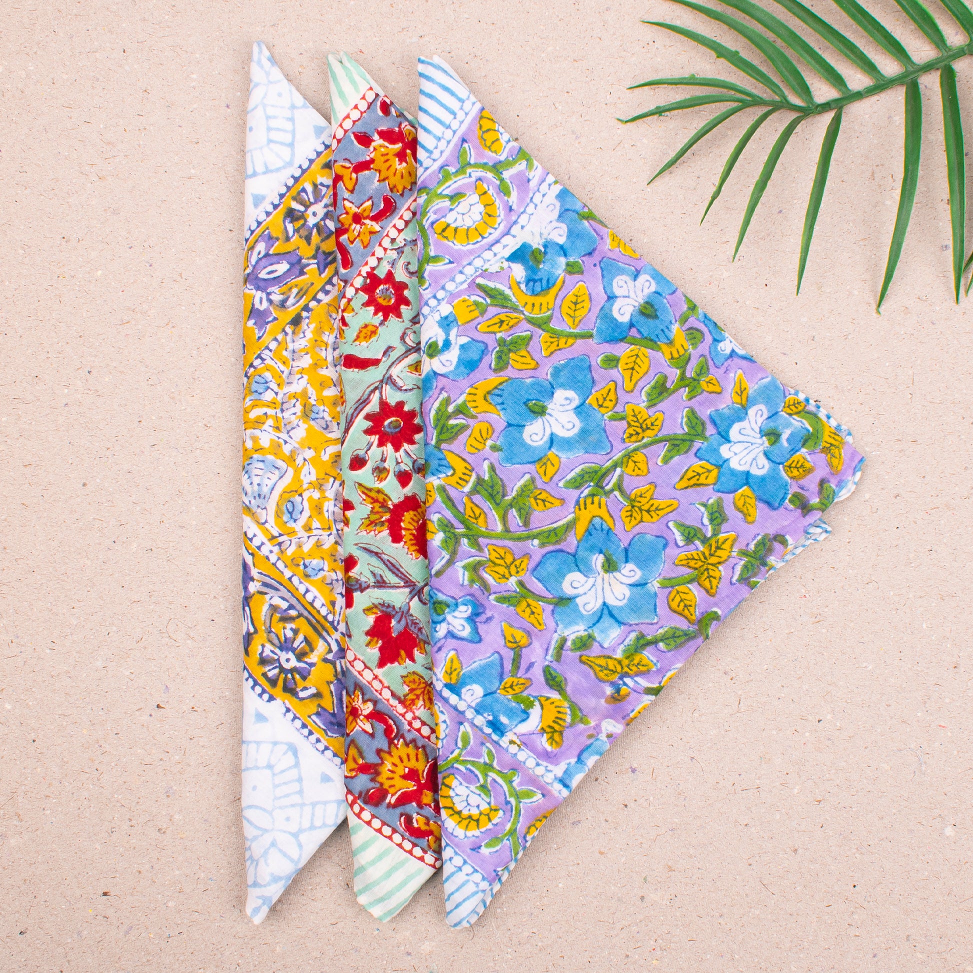 Lightweight Handmade Cotton Bandana, Reusable Boho Headwrap Scarf, Block Printed Summer Style For Hair, Neck Or Face, Perfect Gift Idea - 3pcs