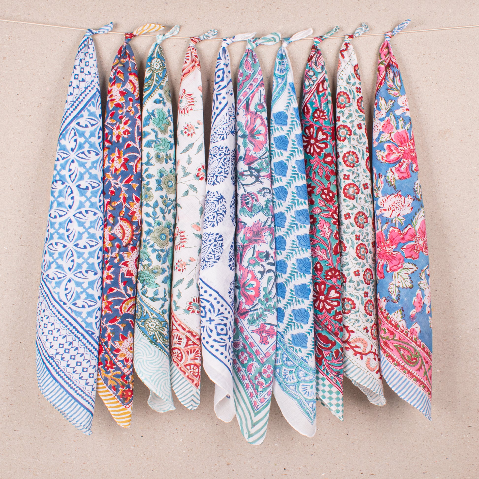 Set of 10 - Organic Cotton Bandana, Handmade Lightweight Scarf, Block Printed Hair Or Neck Wrap, Sustainable Fashion Accessory Gift For All