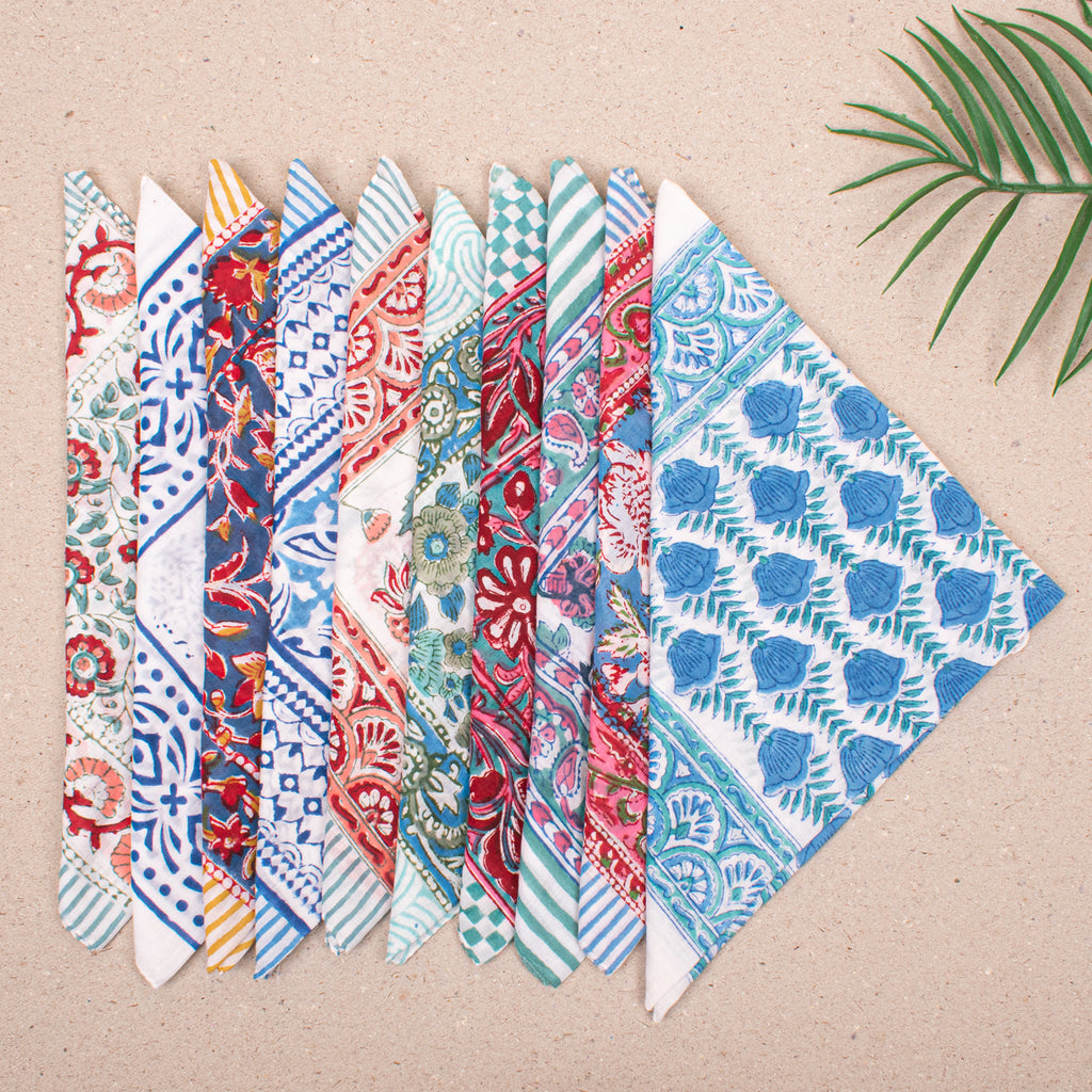 Set of 10 - Organic Cotton Bandana, Handmade Lightweight Scarf, Block Printed Hair Or Neck Wrap, Sustainable Fashion Accessory Gift For All