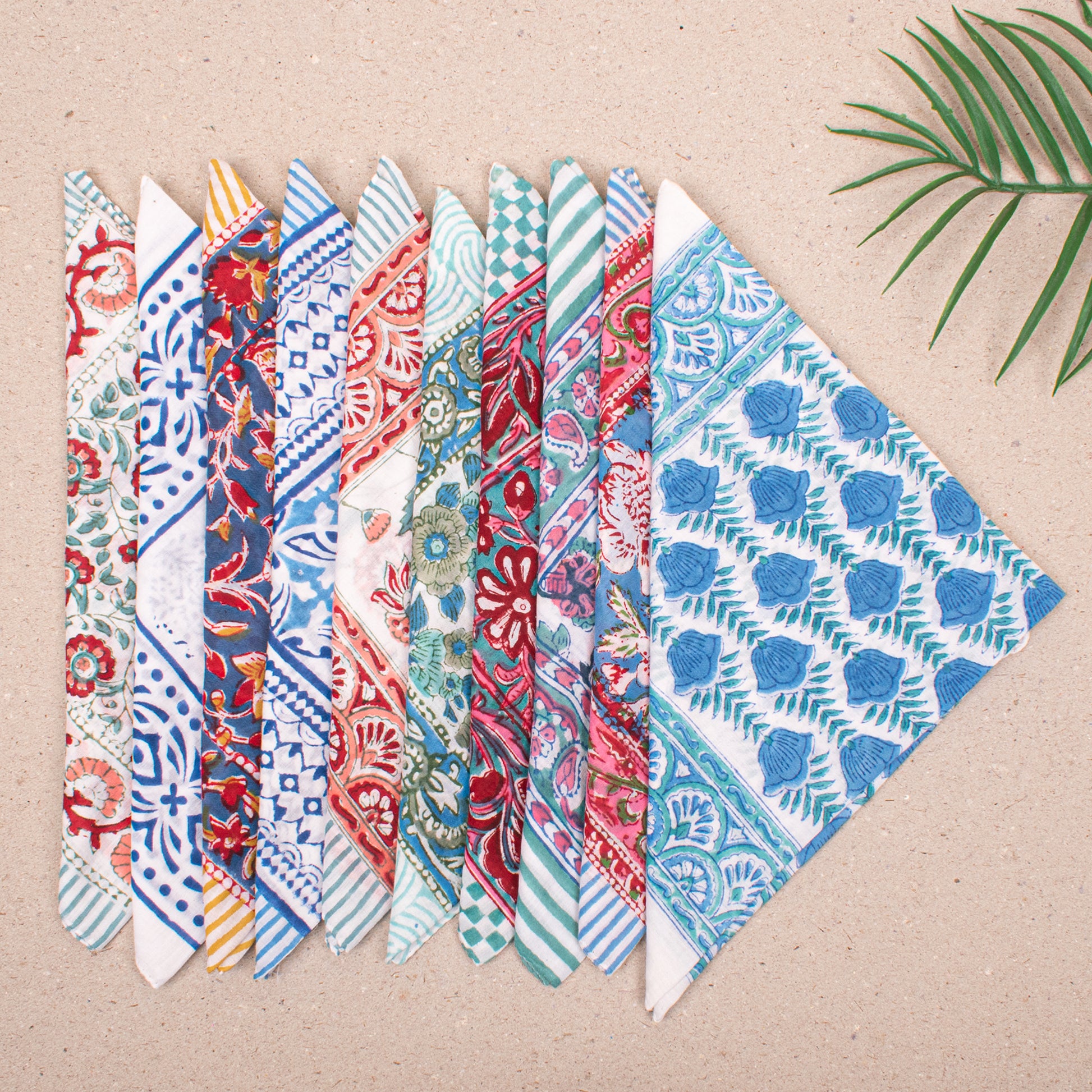 Set of 10 - Organic Cotton Bandana, Handmade Lightweight Scarf, Block Printed Hair Or Neck Wrap, Sustainable Fashion Accessory Gift For All