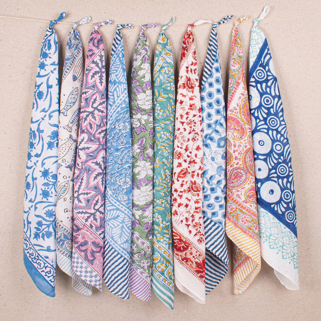 Set of 10 - Paisley & Floral Organic Cotton Bandanas, Handmade Scarf Everyday Accessory, Boho Hair Or Neck Wrap, Sustainable Fashion Gift Accessory