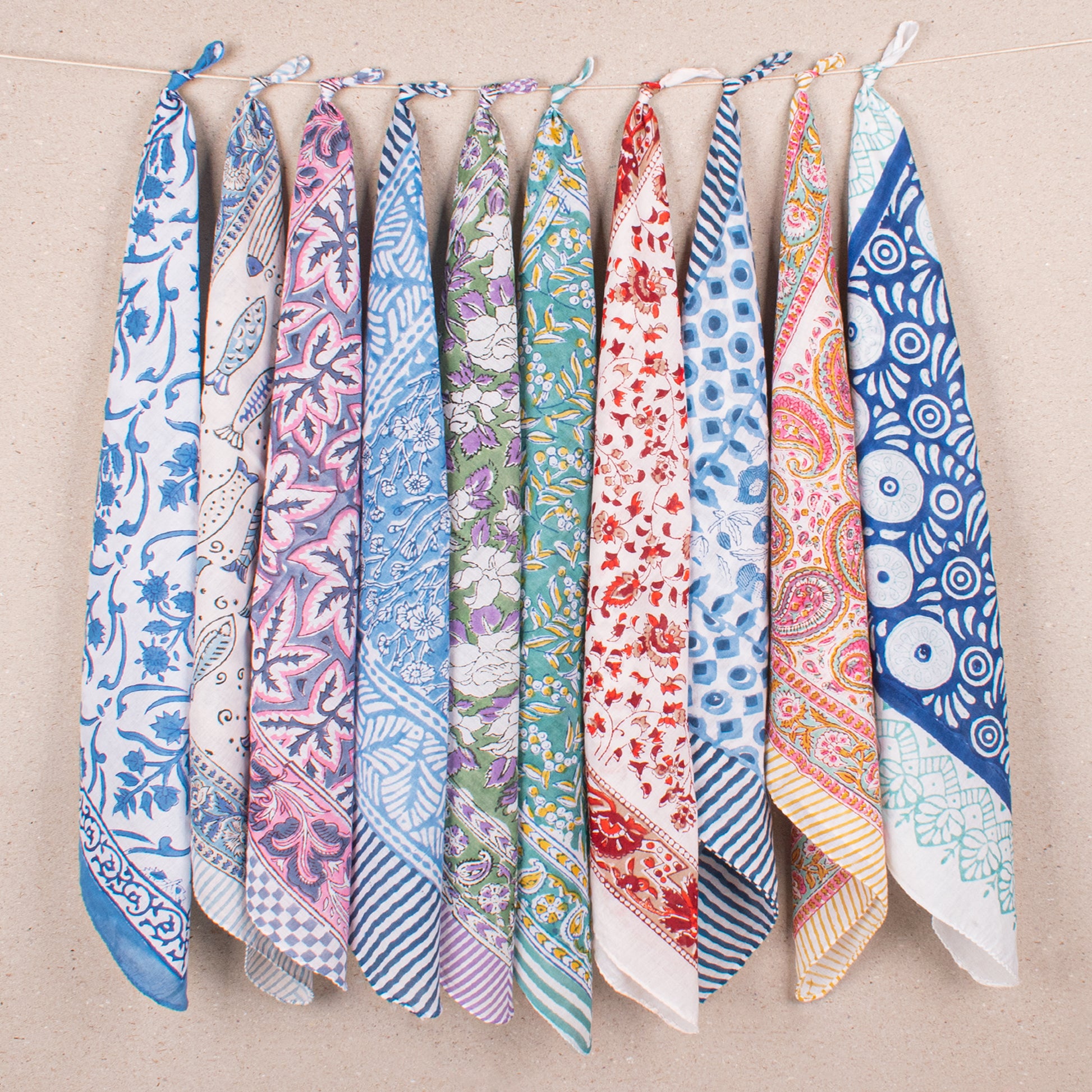 Set of 10 - Paisley & Floral Organic Cotton Bandanas, Handmade Scarf Everyday Accessory, Boho Hair Or Neck Wrap, Sustainable Fashion Gift Accessory