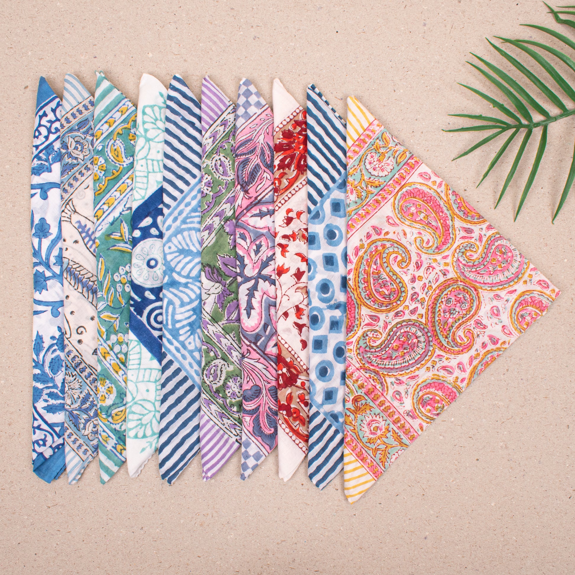 Set of 10 - Paisley & Floral Organic Cotton Bandanas, Handmade Scarf Everyday Accessory, Boho Hair Or Neck Wrap, Sustainable Fashion Gift Accessory