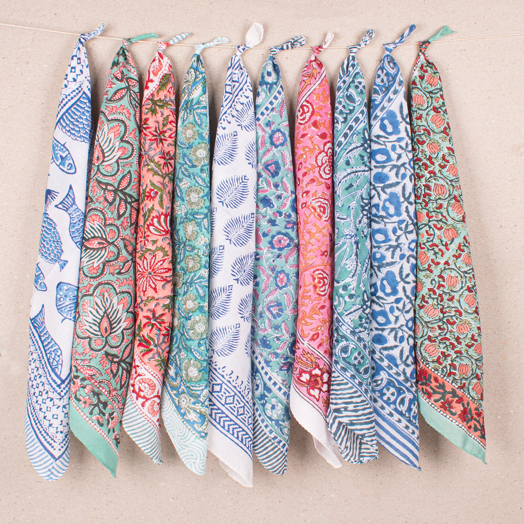Set of 10 - Handmade Lightweight Cotton Bandana, Bohemian Block Printed Everyday Scarf, Unisex Sustainable Fashion Gift, Hair Or Neck Wrap For All