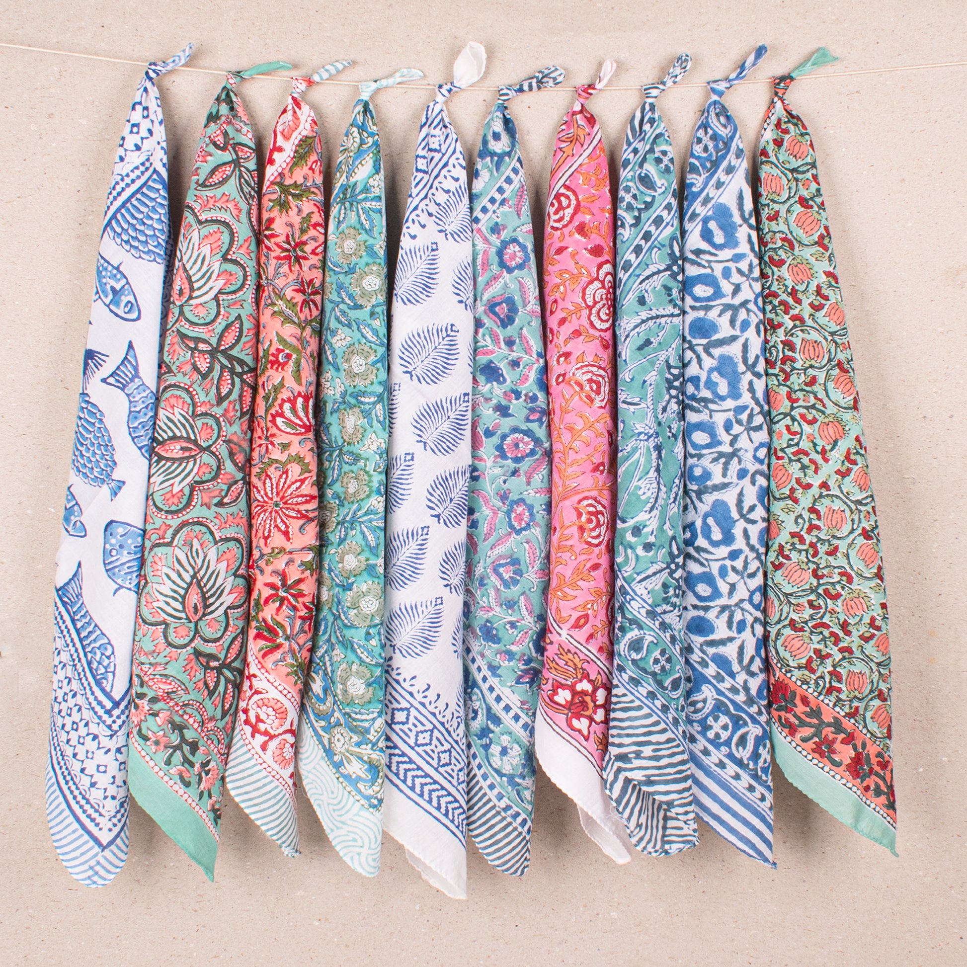 Set of 10 - Handmade Lightweight Cotton Bandana, Bohemian Block Printed Everyday Scarf, Unisex Sustainable Fashion Gift, Hair Or Neck Wrap For All