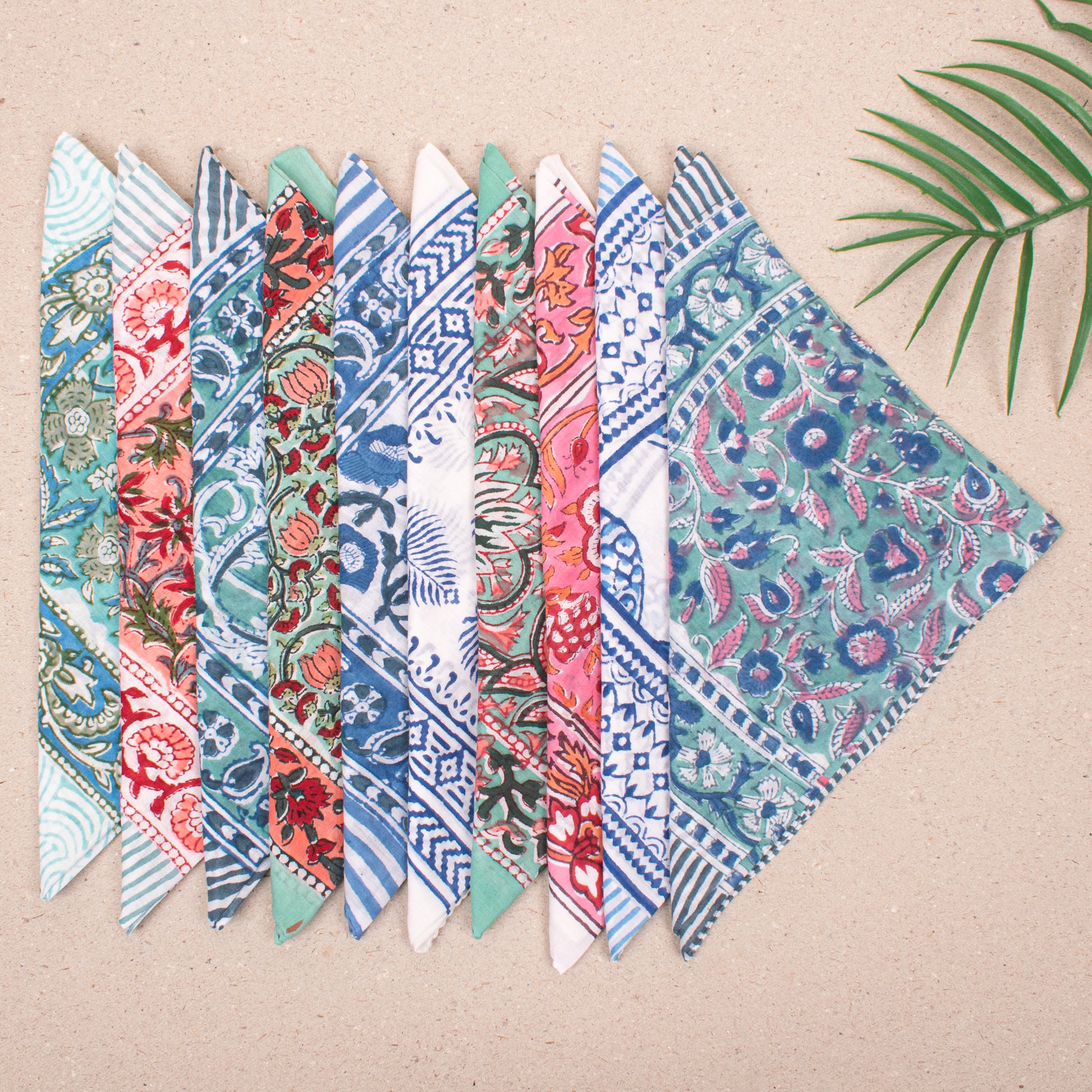 Set of 10 - Handmade Lightweight Cotton Bandana, Bohemian Block Printed Everyday Scarf, Unisex Sustainable Fashion Gift, Hair Or Neck Wrap For All