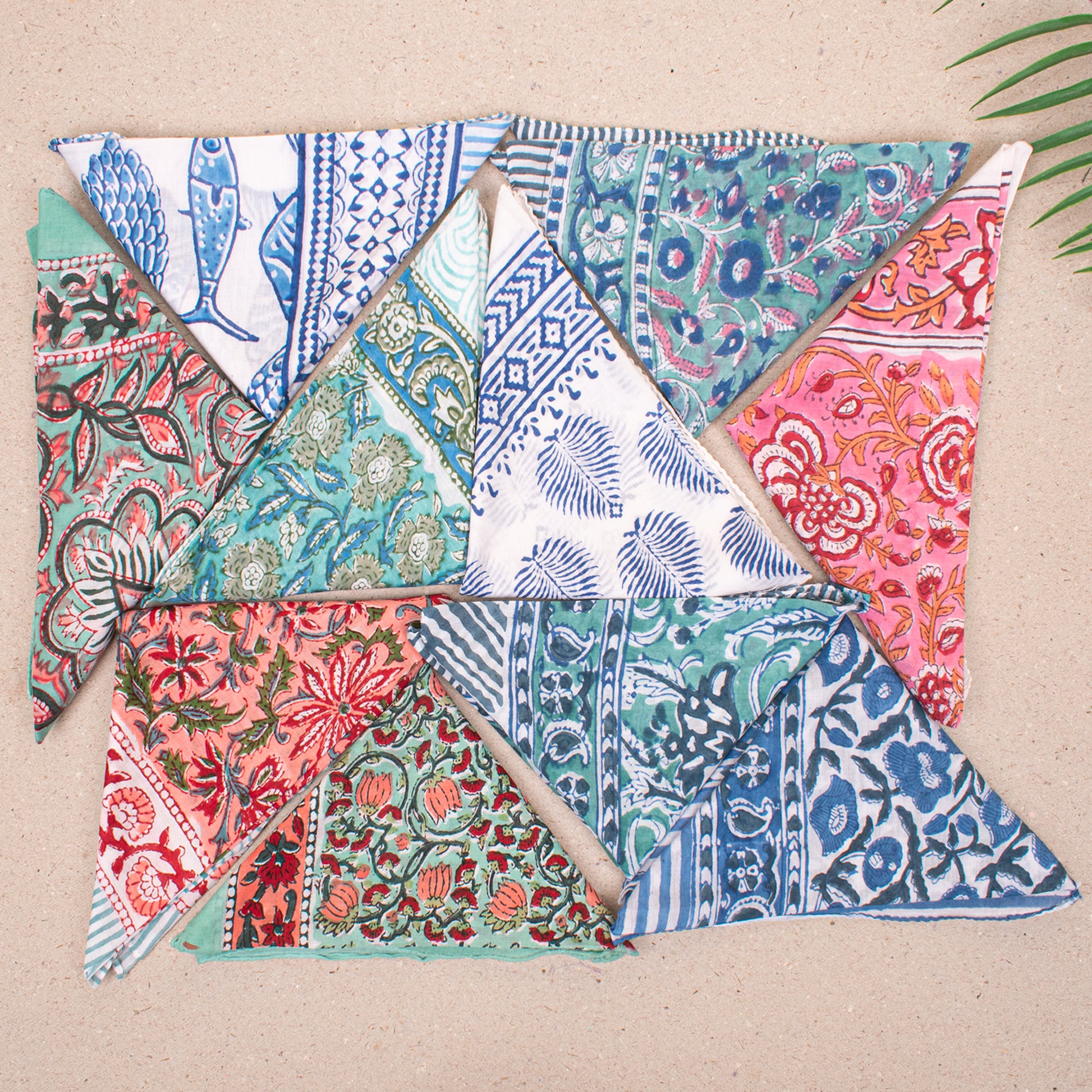 Set of 10 - Handmade Lightweight Cotton Bandana, Bohemian Block Printed Everyday Scarf, Unisex Sustainable Fashion Gift, Hair Or Neck Wrap For All