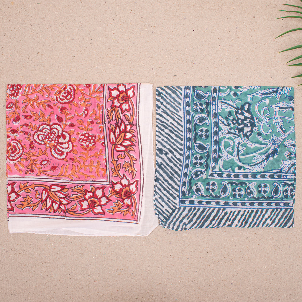 Set of 10 - Handmade Lightweight Cotton Bandana, Bohemian Block Printed Everyday Scarf, Unisex Sustainable Fashion Gift, Hair Or Neck Wrap For All