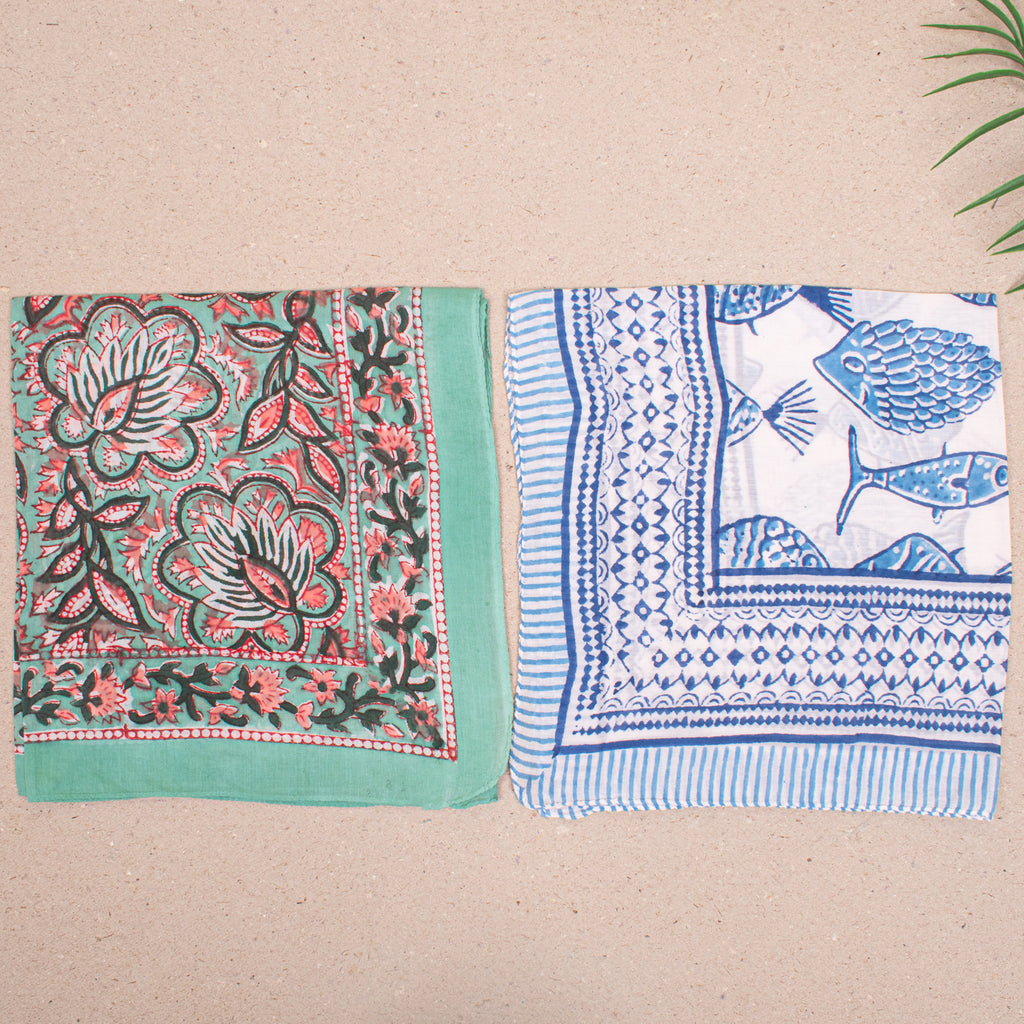 Set of 10 - Handmade Lightweight Cotton Bandana, Bohemian Block Printed Everyday Scarf, Unisex Sustainable Fashion Gift, Hair Or Neck Wrap For All