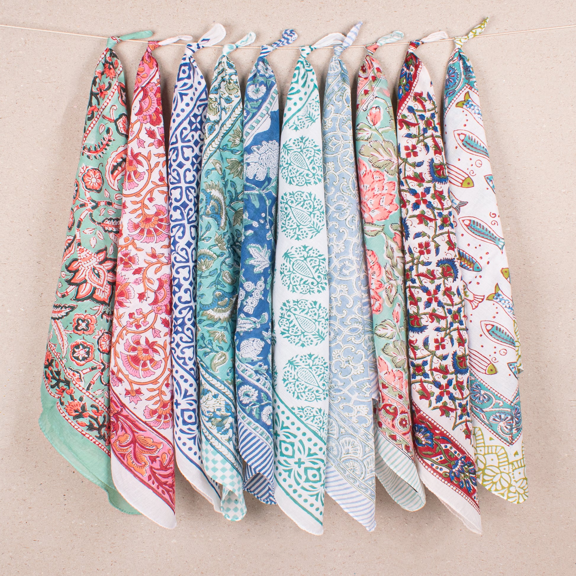 Set of 10 - Cotton Bandana, Hand Block Printed Paisley Scarf, Hair Or Neck Wrap, Boho Sustainable Accessory, Eco-Friendly Fashion Gift