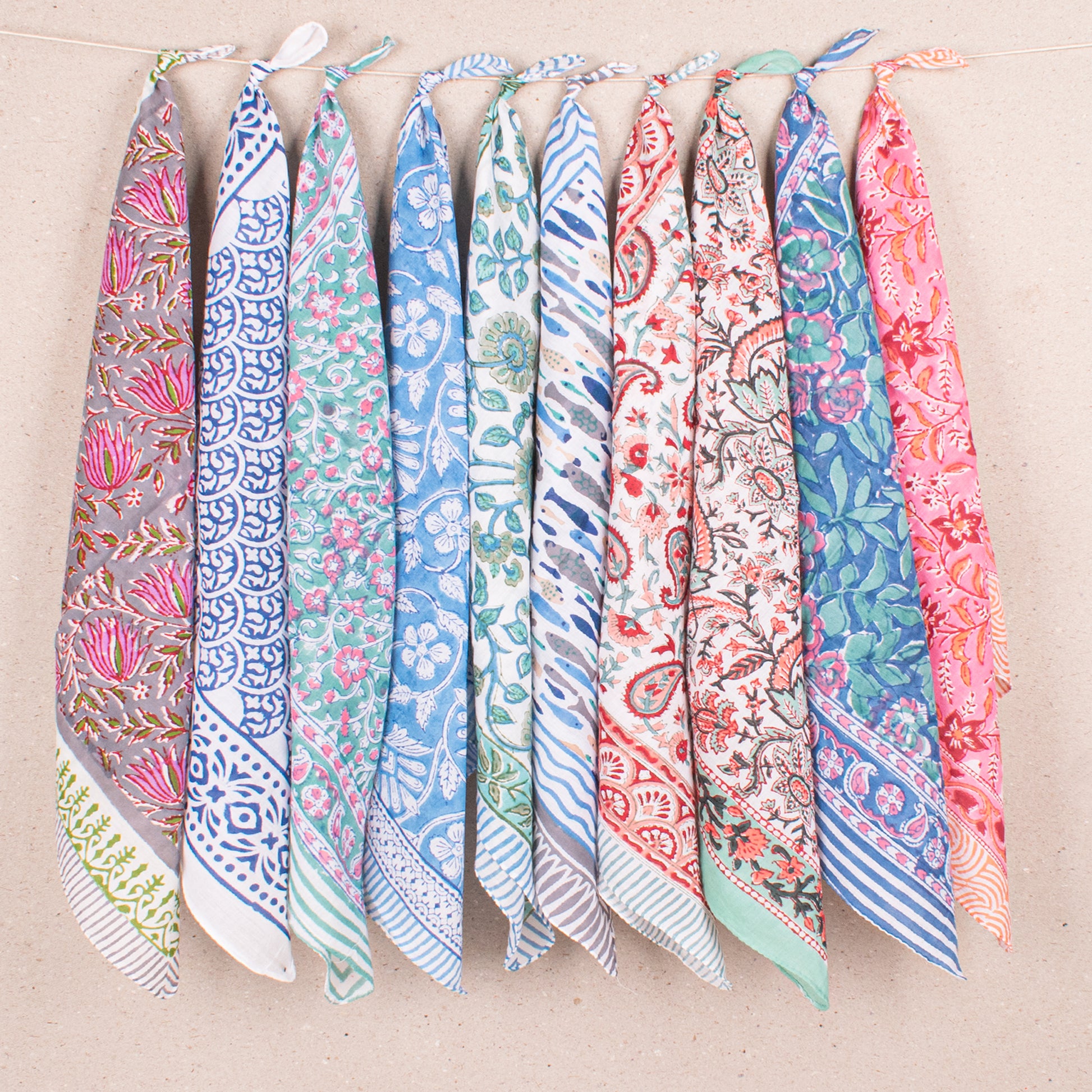 Set of 10 - Colorful Cotton Boho Bandana, Handmade Lightweight Scarf, Block Printed Paisley Hair Or Neck Wrap, Sustainable Unisex Accessory Fashion Gift