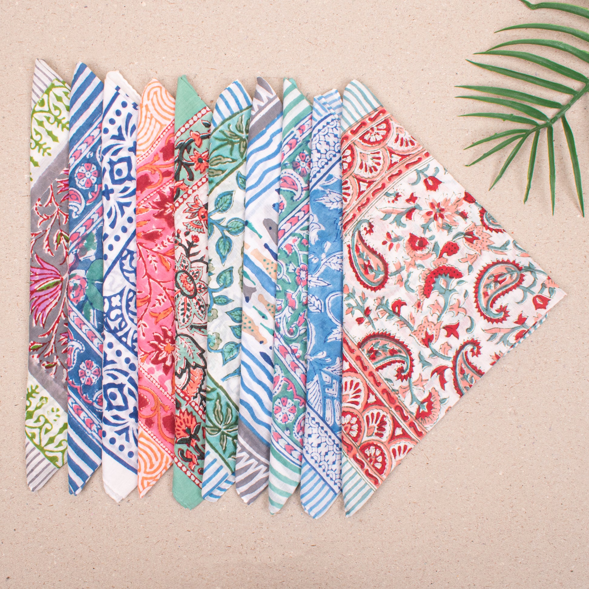 Set of 10 - Colorful Cotton Boho Bandana, Handmade Lightweight Scarf, Block Printed Paisley Hair Or Neck Wrap, Sustainable Unisex Accessory Fashion Gift