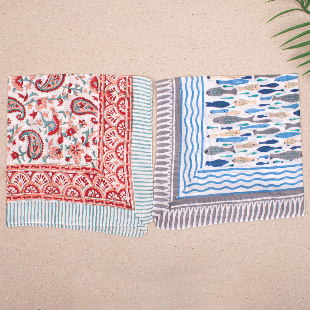 Set of 10 - Colorful Cotton Boho Bandana, Handmade Lightweight Scarf, Block Printed Paisley Hair Or Neck Wrap, Sustainable Unisex Accessory Fashion Gift