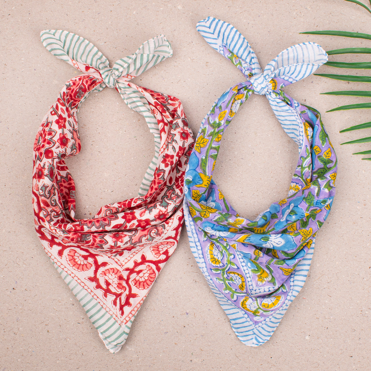 Hand Block Printed Cotton Bandana, Boho Reusable Scarf For Face Or Hair, Lightweight Headwrap For Summer Outfits, Unisex Gift For Her - 2pcs