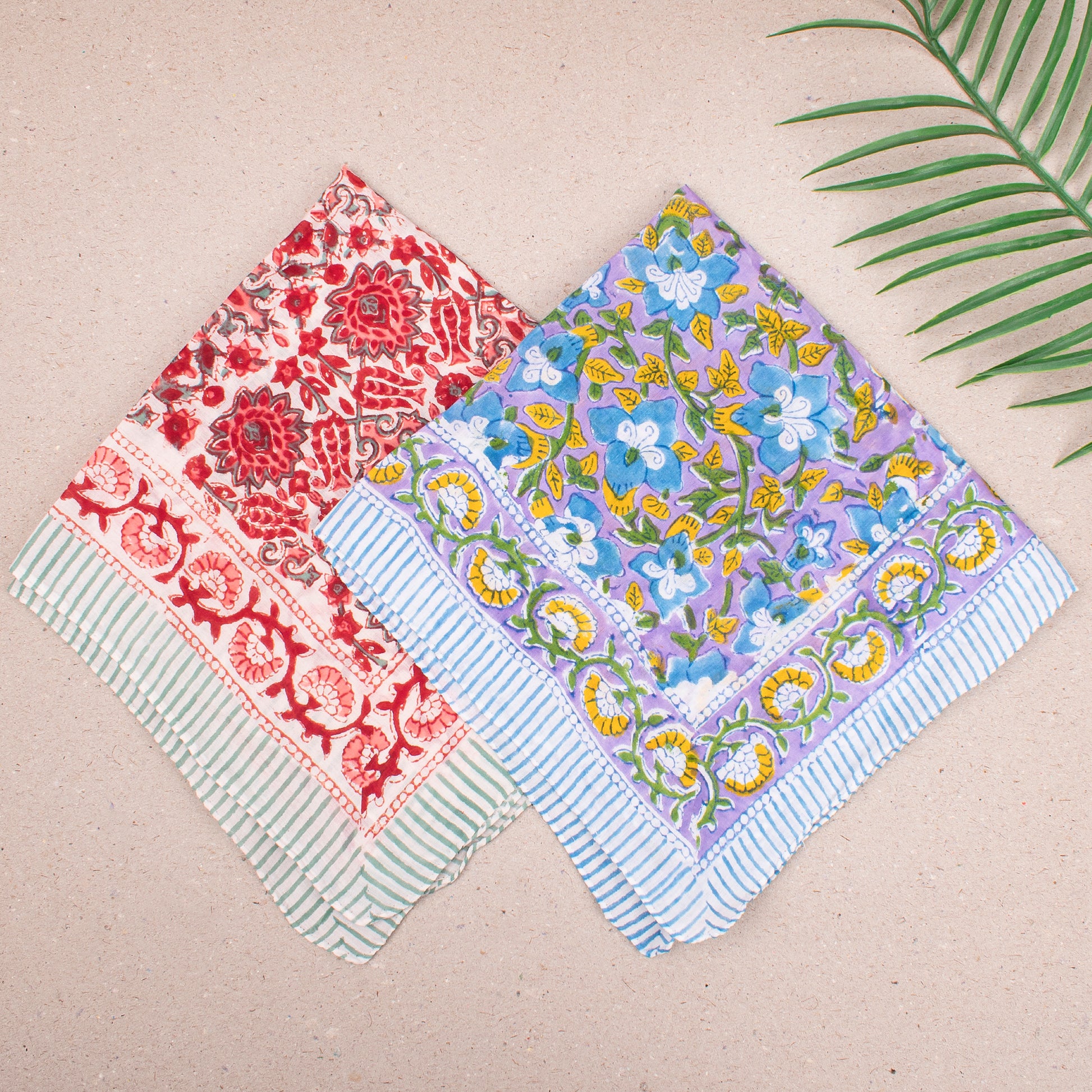 Hand Block Printed Cotton Bandana, Boho Reusable Scarf For Face Or Hair, Lightweight Headwrap For Summer Outfits, Unisex Gift For Her - 2pcs