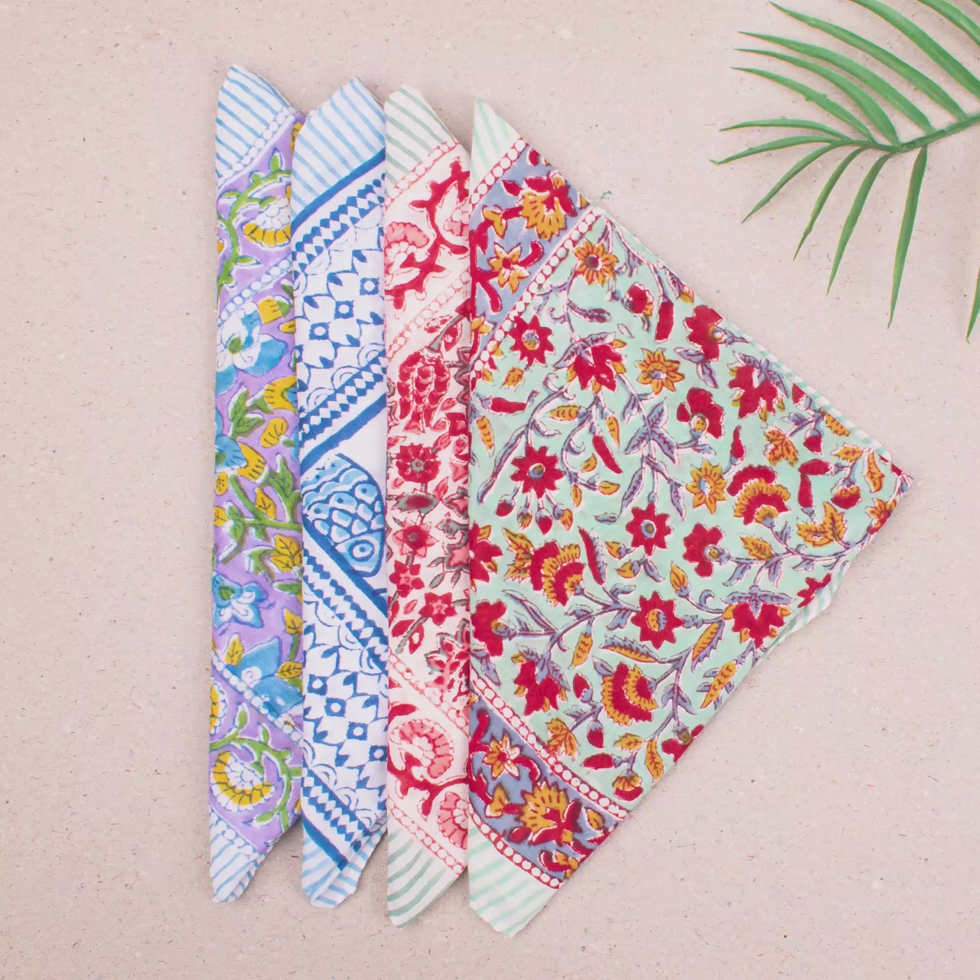 Block Printed Summer Bandana Scarf, Lightweight Cotton Wrap For Head, Face Or Neck, Boho Floral Printed Reusable Accessory For Her - 4pcs
