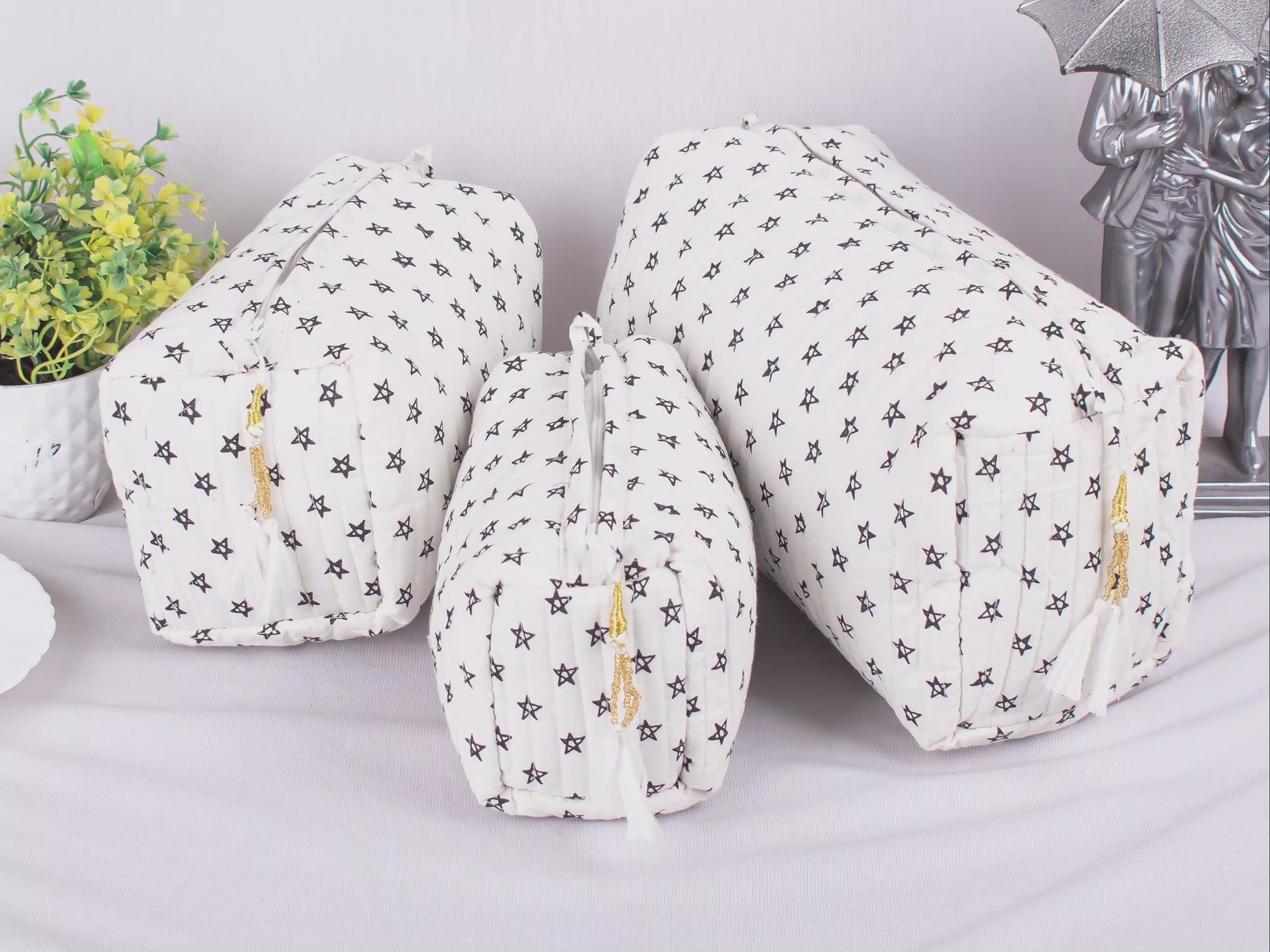 Set of 3 Pouches For Cosmetic, Zipper Pouch Bags, Lightweight Cotton Bags, Cotton Makeup Bags, Printed Cotton Fabric Bags, Soft Cotton Fabric Pouches